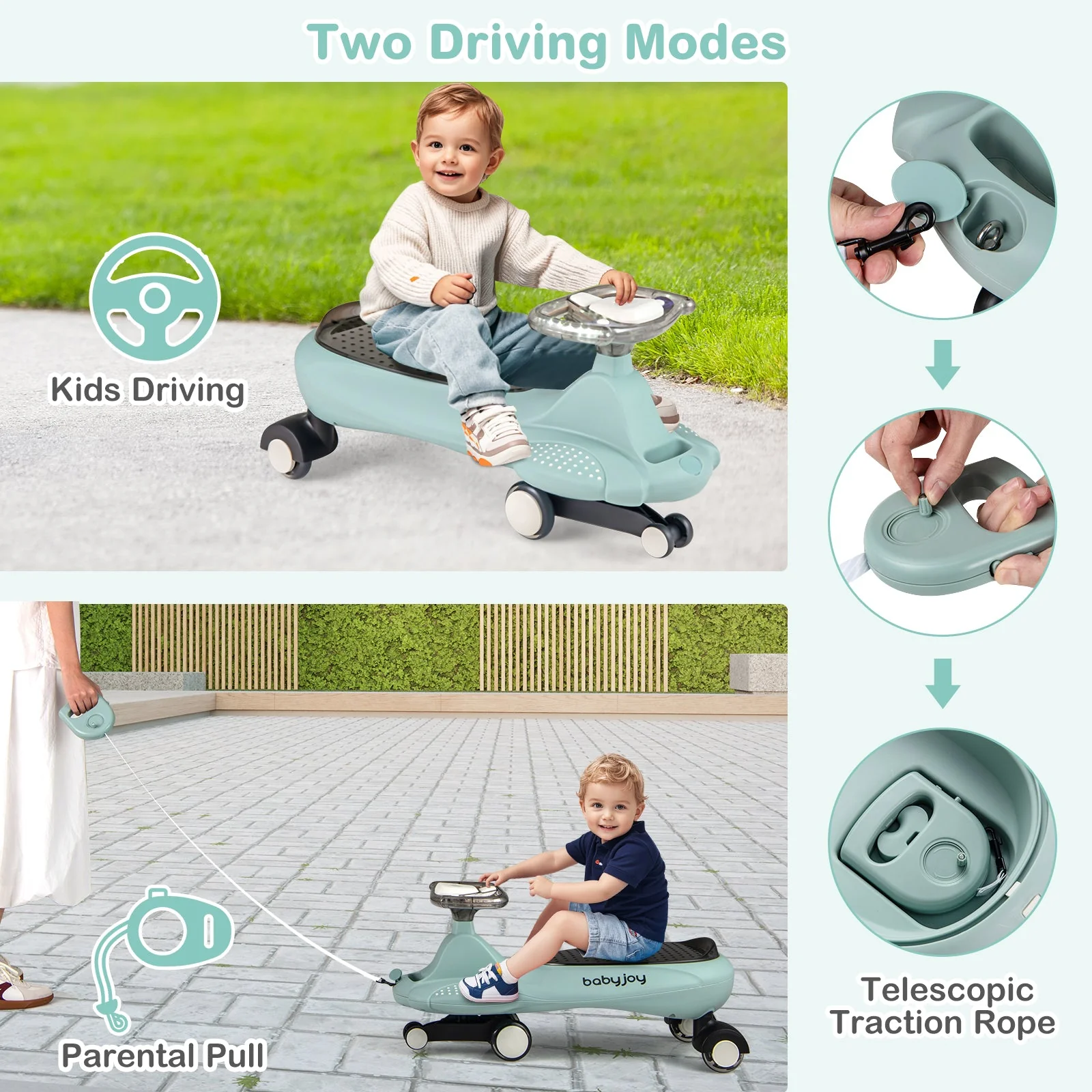 Wiggle Car with Hauling Rope Ride on Toy with Under-Seat Storage-Green - Image 6