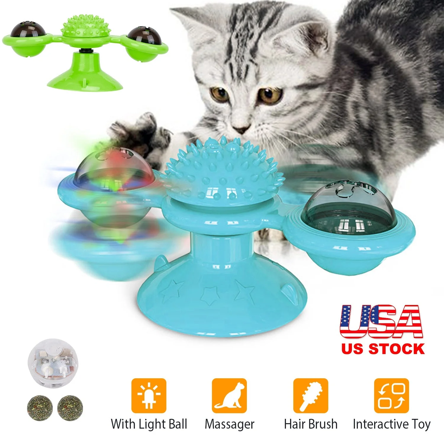 Windmill Cat Toy Turntable Interactive Teasing Pet Toy Wall Mount Turning Tickle Scratch Hair Brush Cat Toy with Catnip Light Ball - Image 2