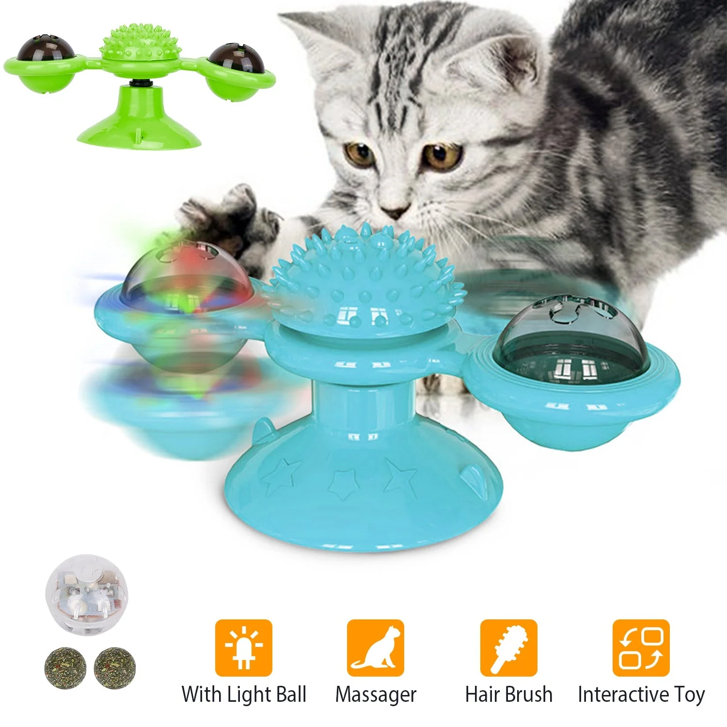 Windmill Cat Toy Turntable Interactive Teasing Pet Toy Wall Mount Turning Tickle Scratch Hair Brush Cat Toy with Catnip Light Ball - Image 3