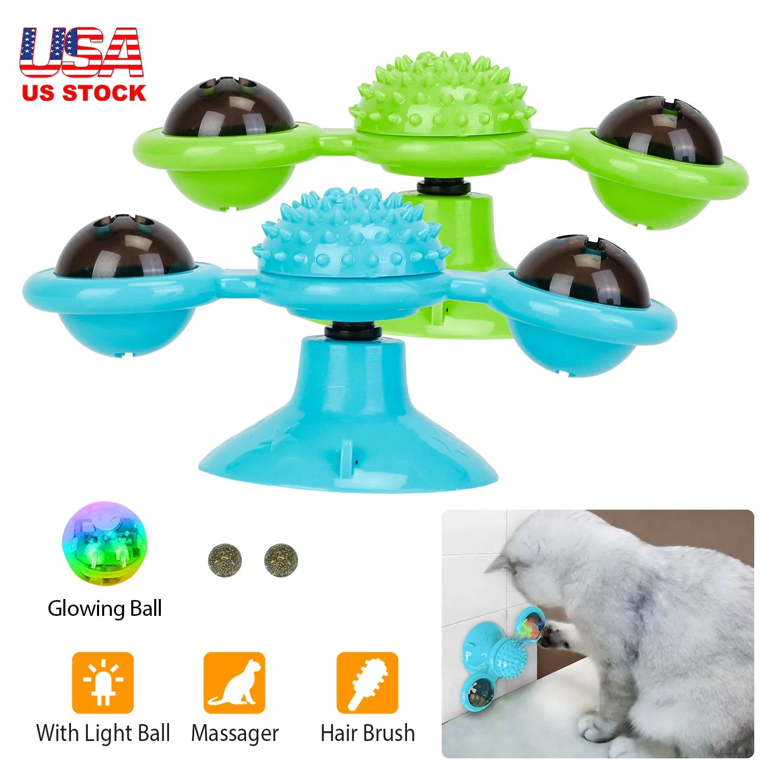 Windmill Cat Toy Turntable Interactive Teasing Pet Toy Wall Mount Turning Tickle Scratch Hair Brush Cat Toy with Catnip Light Ball - Image 4