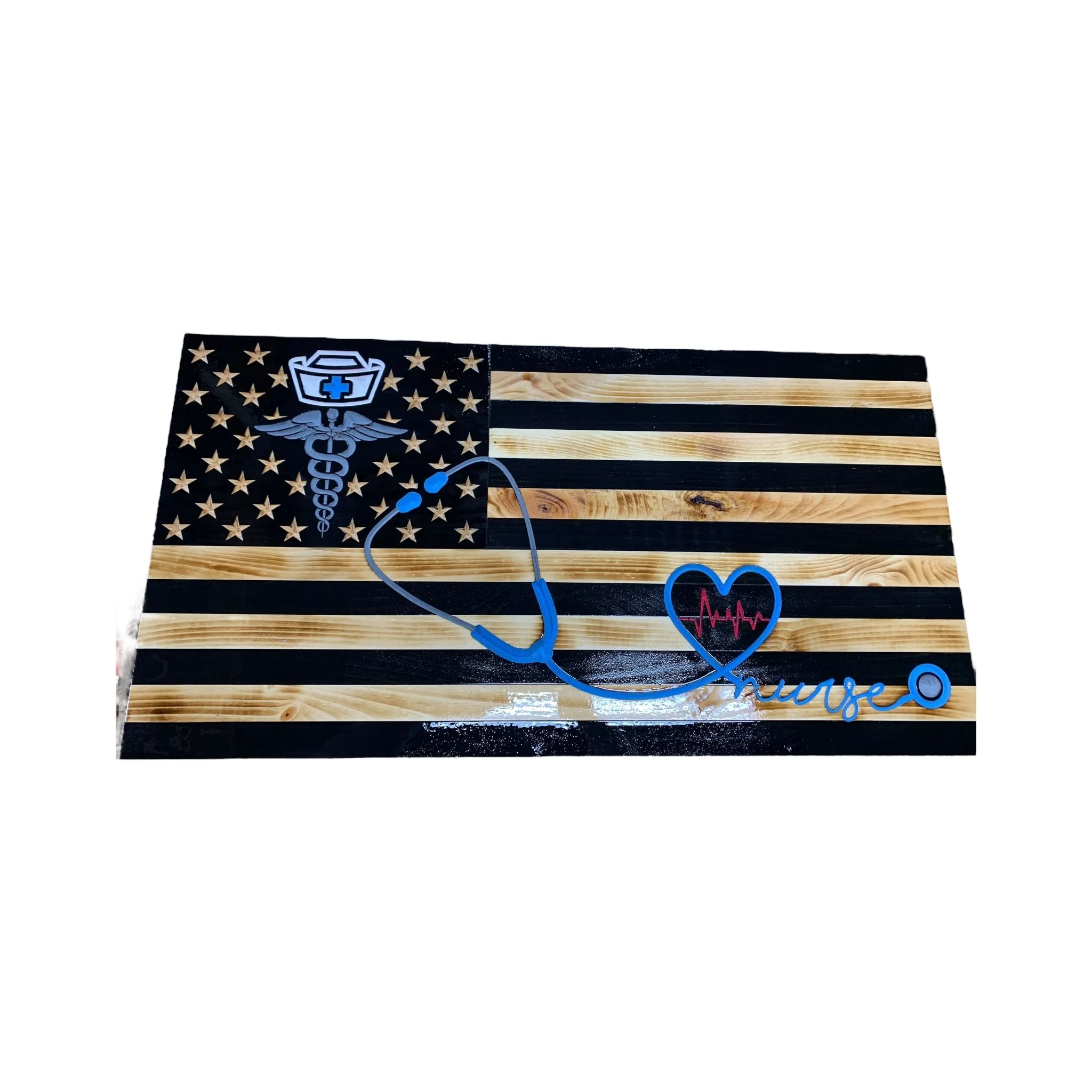 Wooden American Flag for Nurses with Caduceus and Stethoscope Design - Image 2
