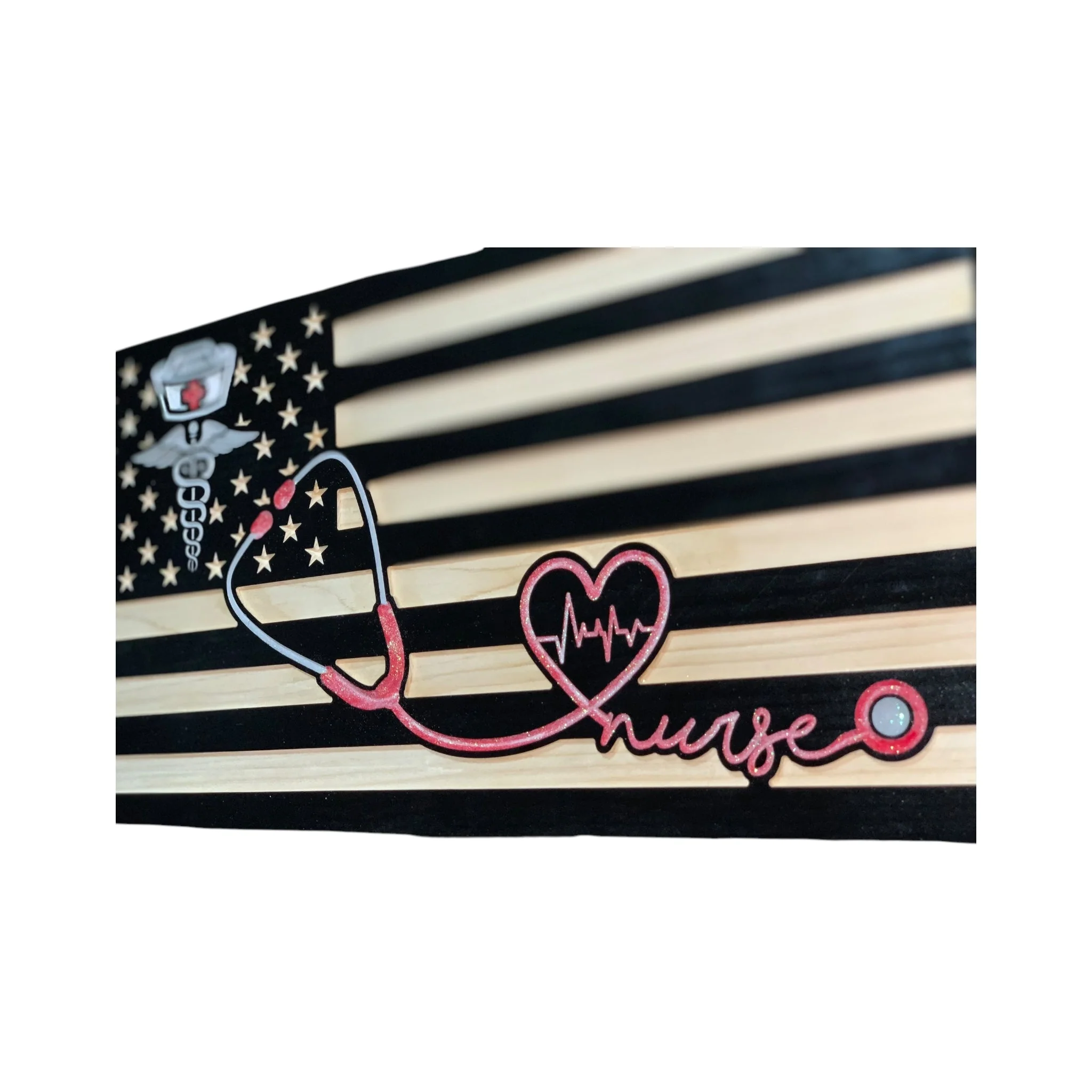 Wooden American Flag for Nurses with Caduceus and Stethoscope Design - Image 3