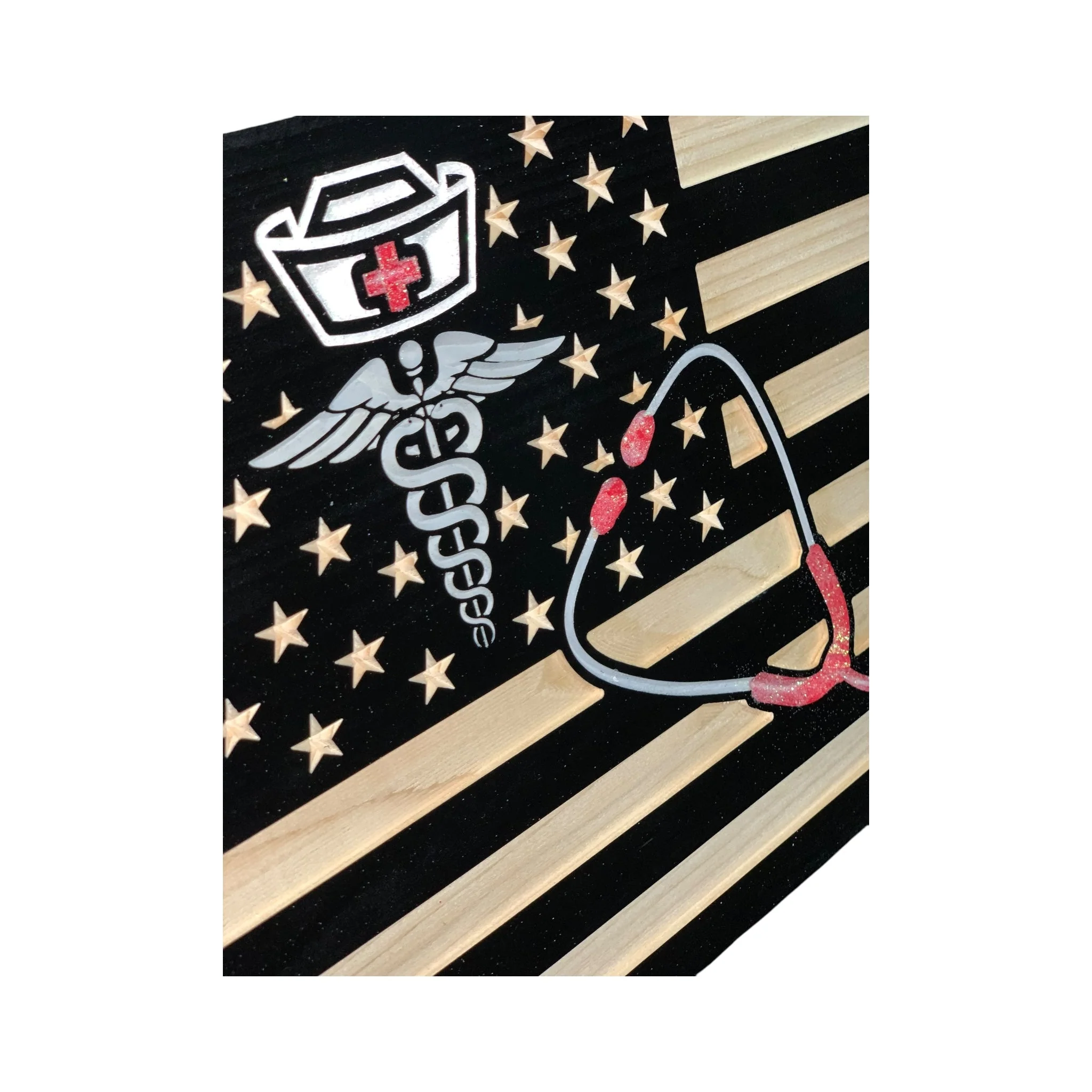 Wooden American Flag for Nurses with Caduceus and Stethoscope Design - Image 4