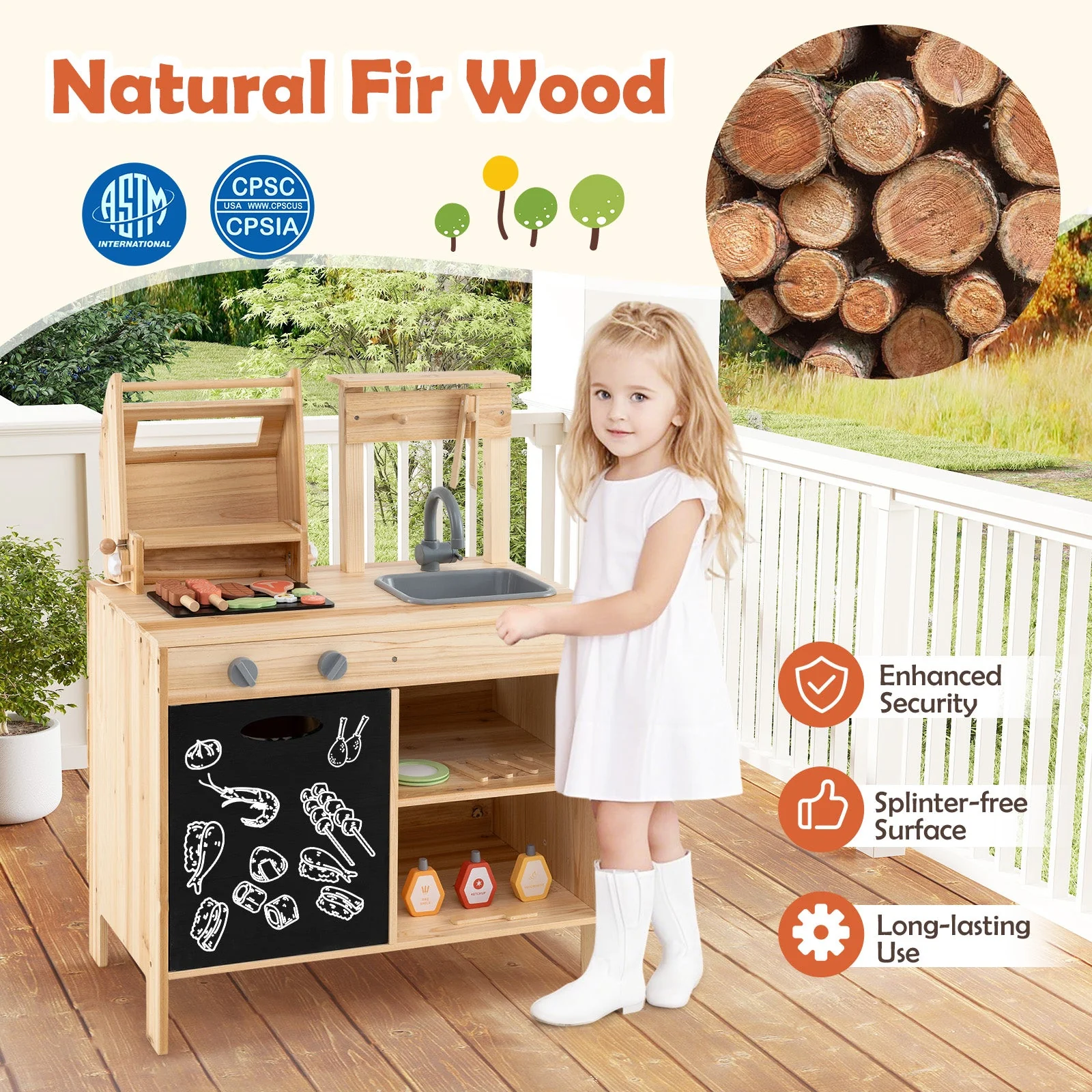 Wooden Barbecue Grill Playset with Chalkboard and Sink and Cabinet-Natural - Image 2