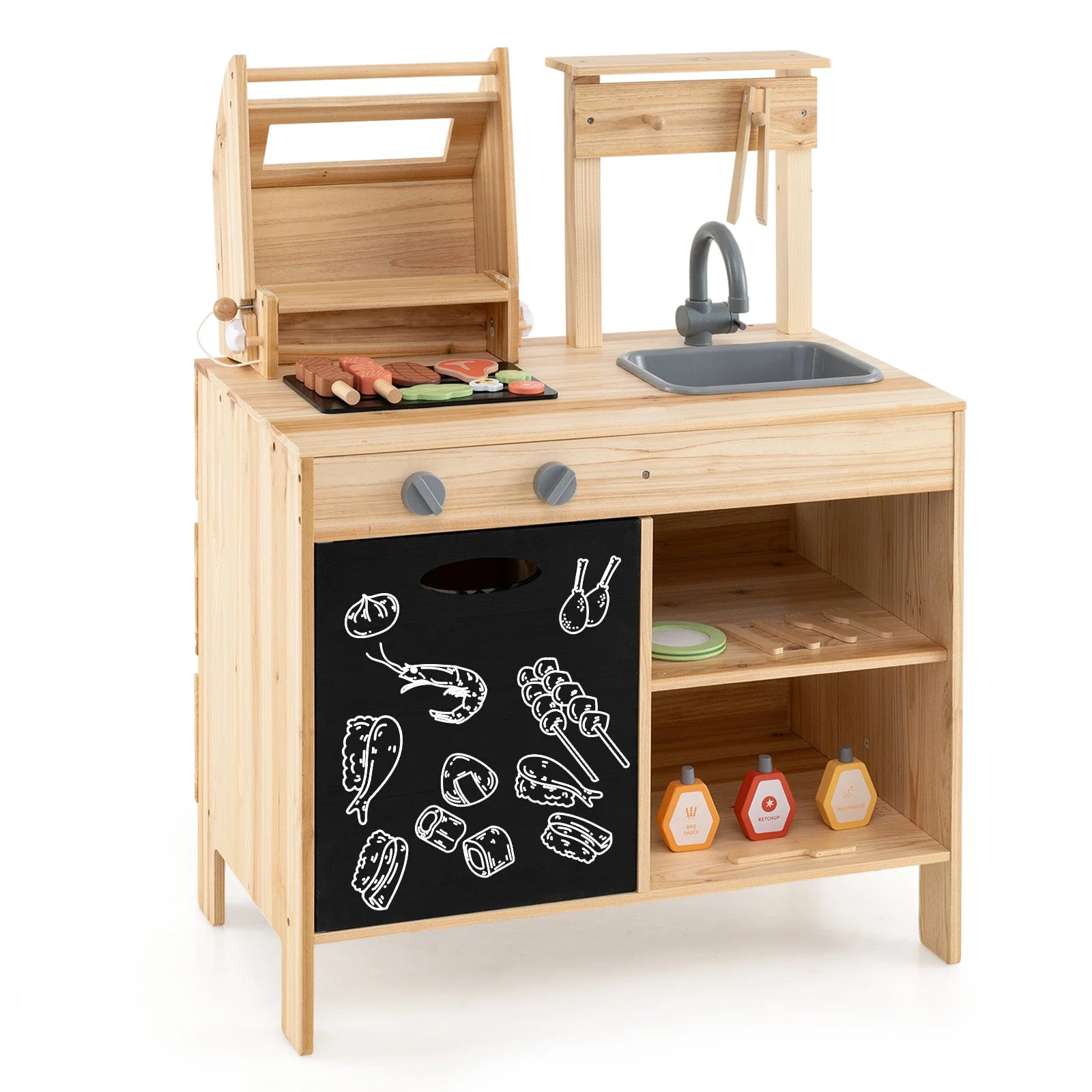 Wooden Barbecue Grill Playset with Chalkboard and Sink and Cabinet-Natural - Image 3