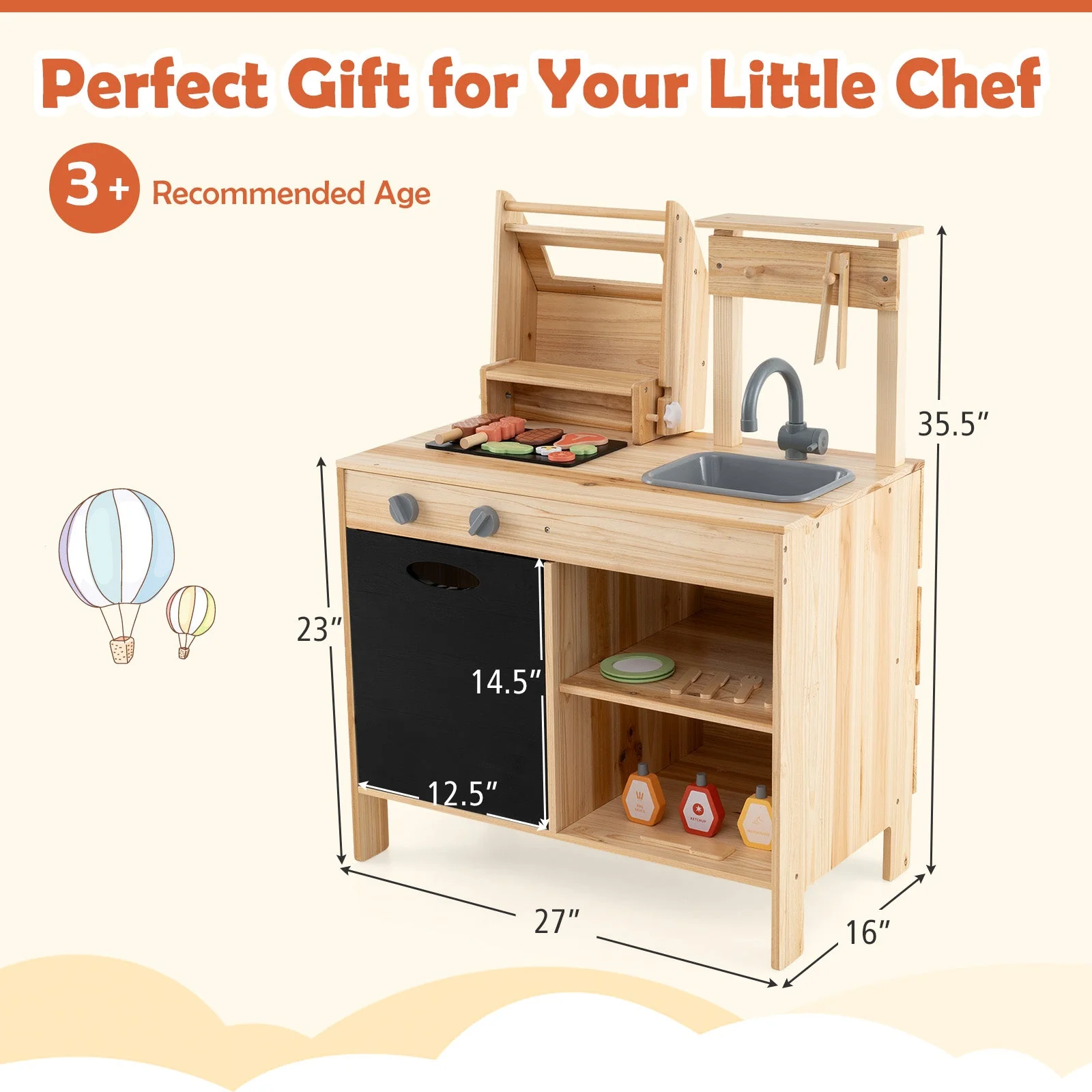 Wooden Barbecue Grill Playset with Chalkboard and Sink and Cabinet-Natural - Image 4
