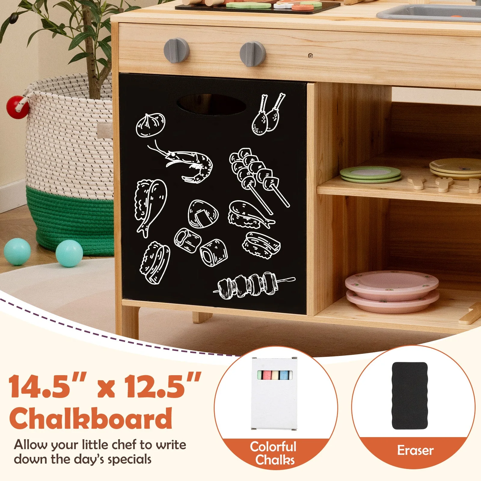 Wooden Barbecue Grill Playset with Chalkboard and Sink and Cabinet-Natural - Image 5