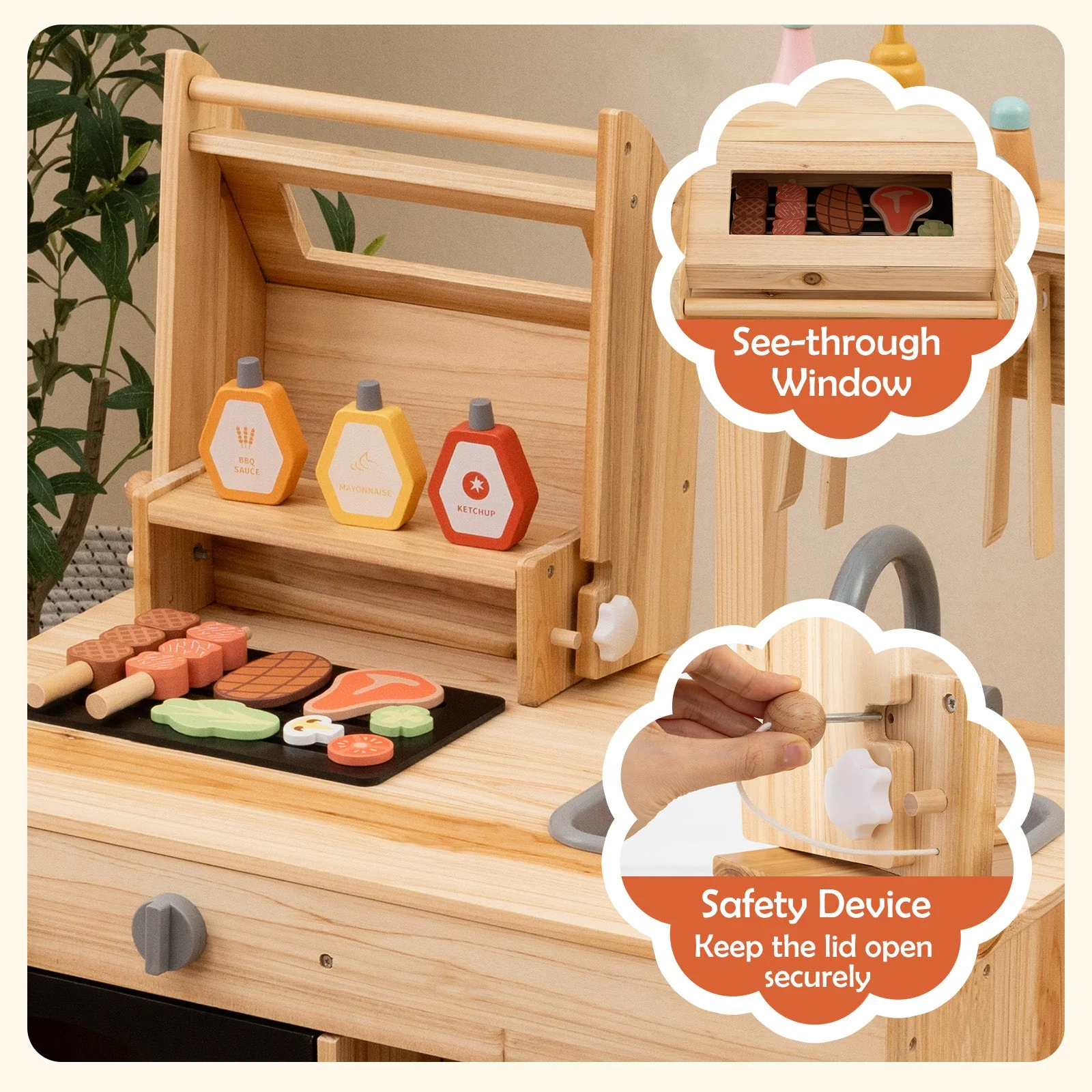 Wooden Barbecue Grill Playset with Chalkboard and Sink and Cabinet-Natural - Image 7