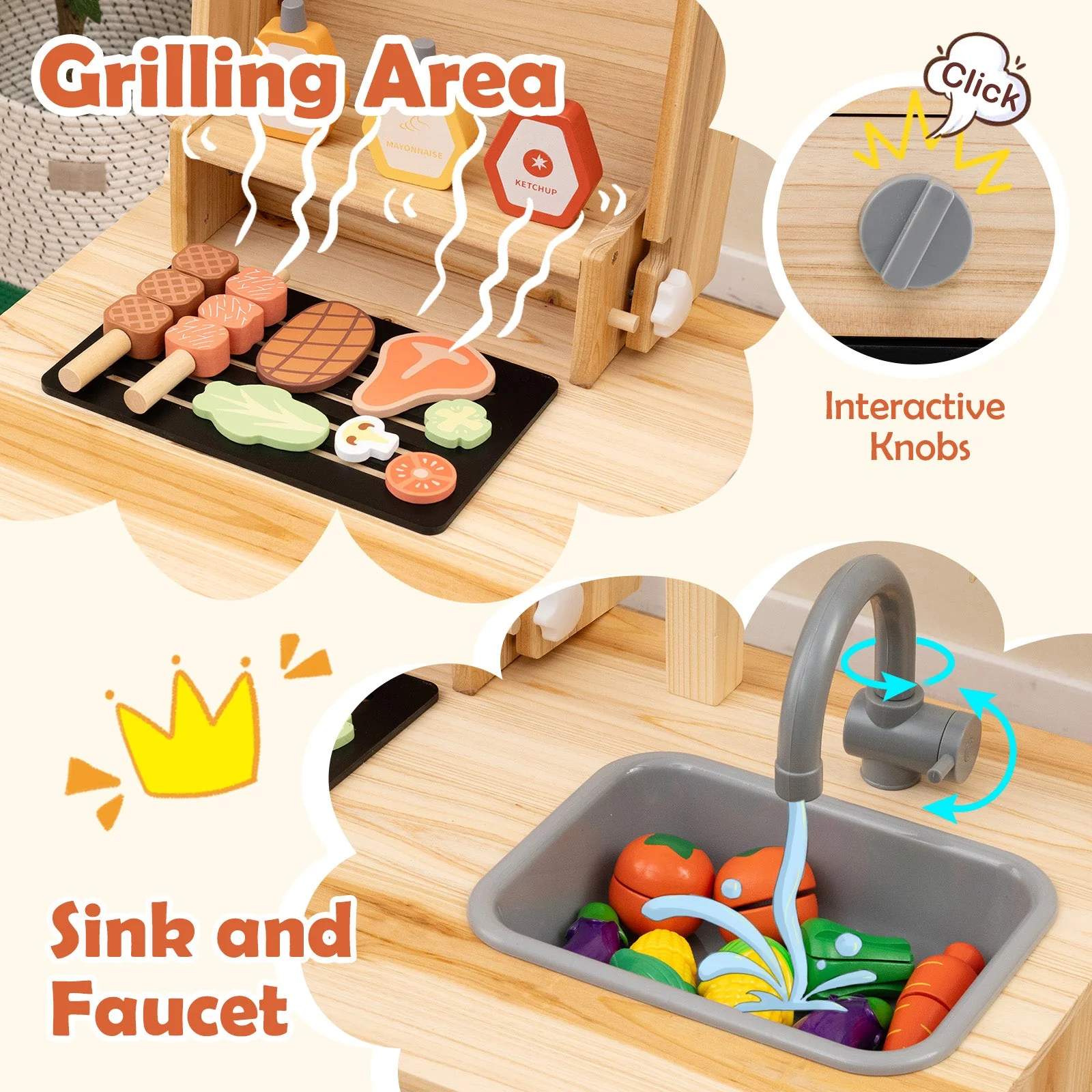 Wooden Barbecue Grill Playset with Chalkboard and Sink and Cabinet-Natural - Image 8
