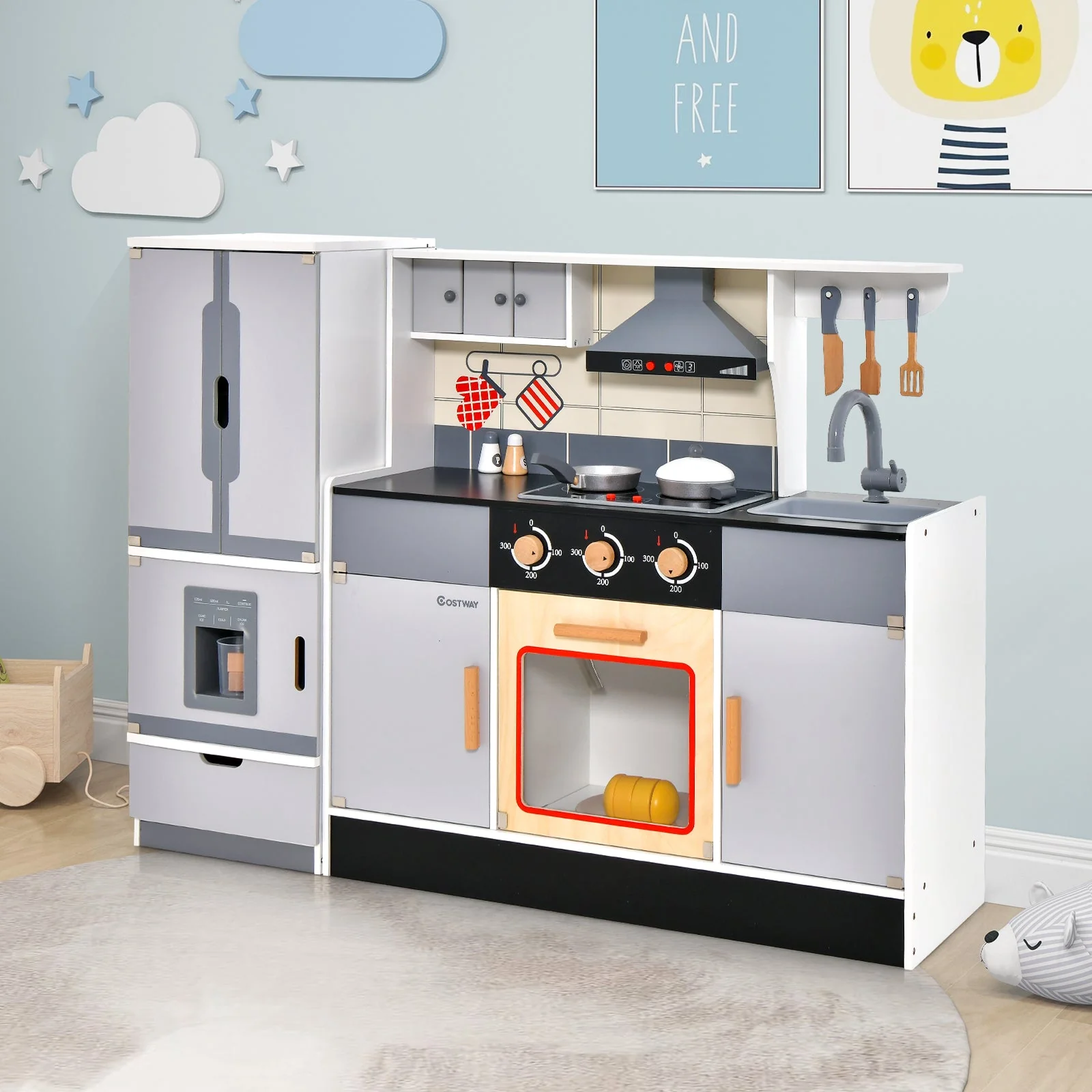 Wooden Chef Play Kitchen and Refrigerator with Realistic Range Hood and Roaster - Image 2