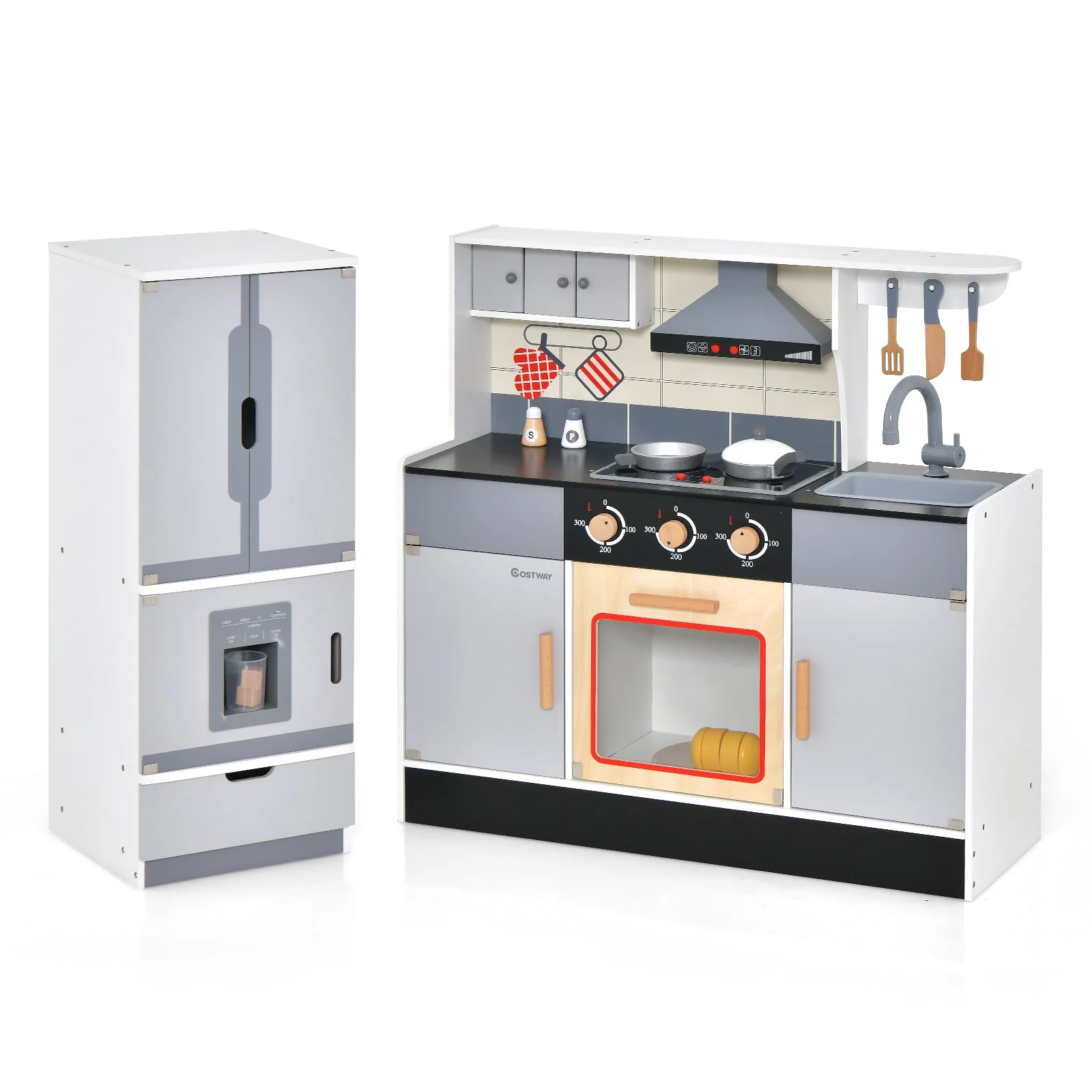 Wooden Chef Play Kitchen and Refrigerator with Realistic Range Hood and Roaster - Image 3