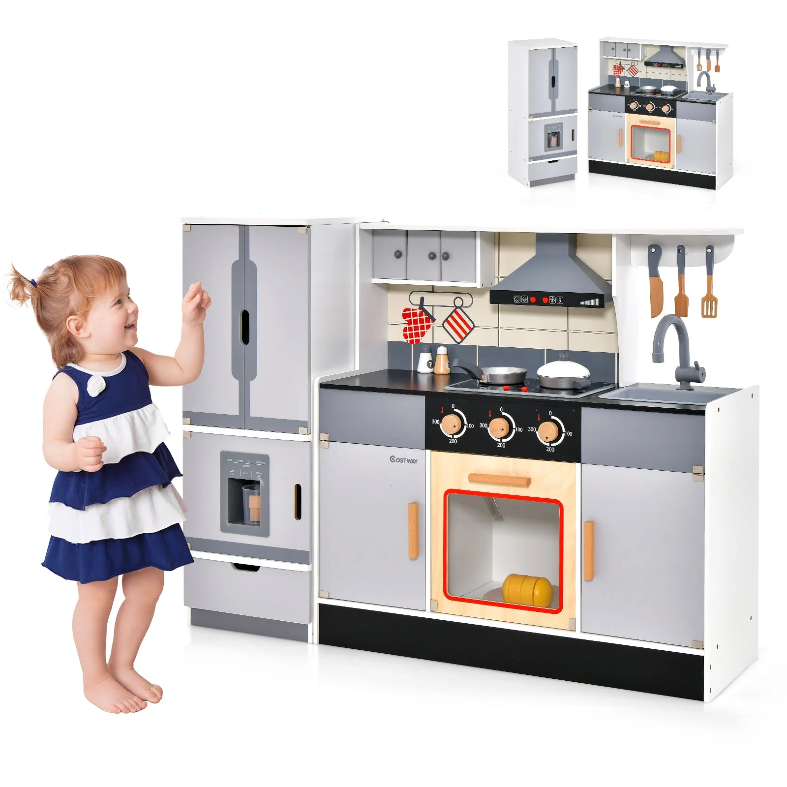Wooden Chef Play Kitchen and Refrigerator with Realistic Range Hood and Roaster - Image 4