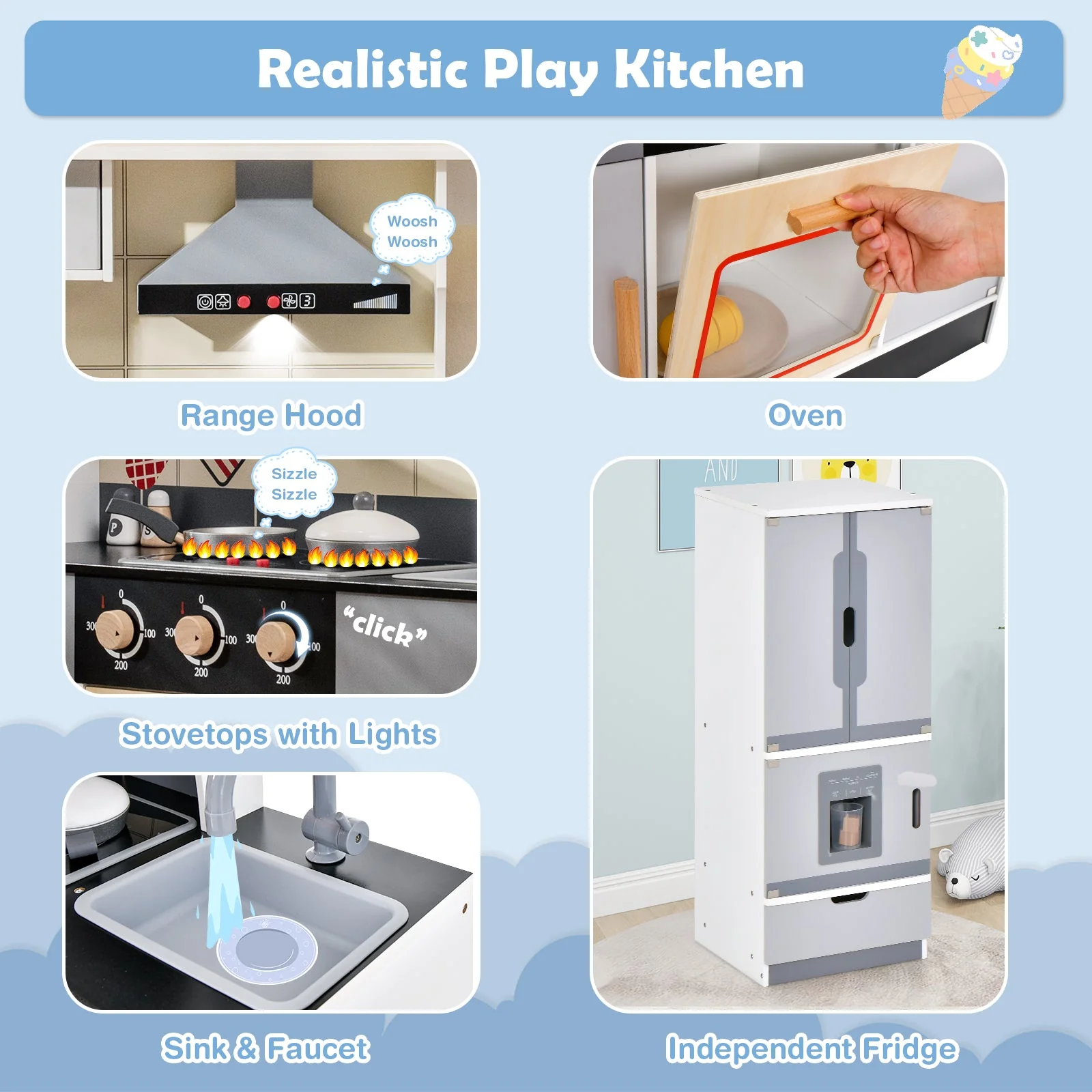 Wooden Chef Play Kitchen and Refrigerator with Realistic Range Hood and Roaster - Image 8
