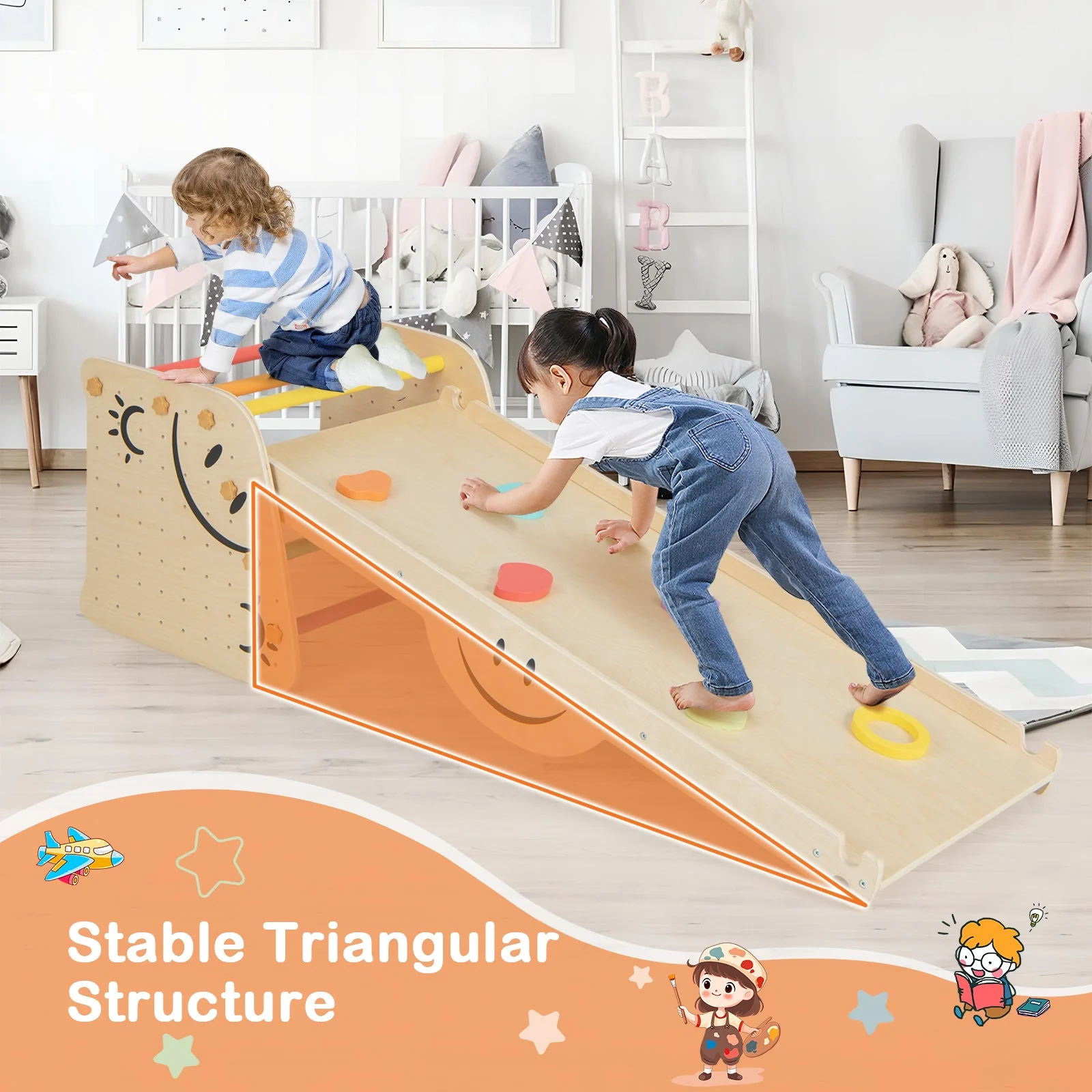 Wooden Climbing Toy Triangle Climber Set with Seesaw-Multicolor - Image 2
