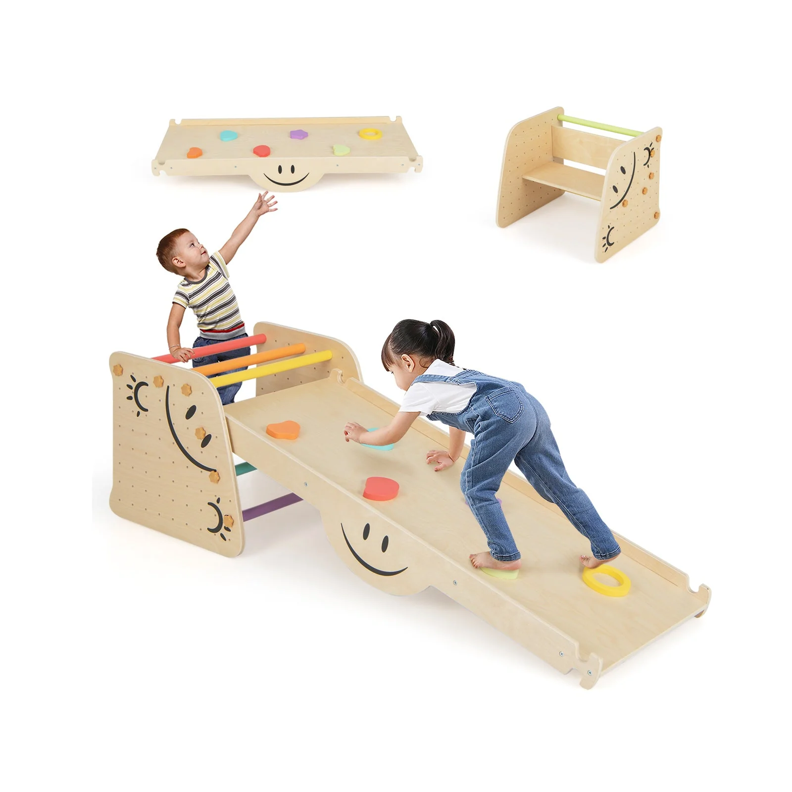 Wooden Climbing Toy Triangle Climber Set with Seesaw-Multicolor - Image 3