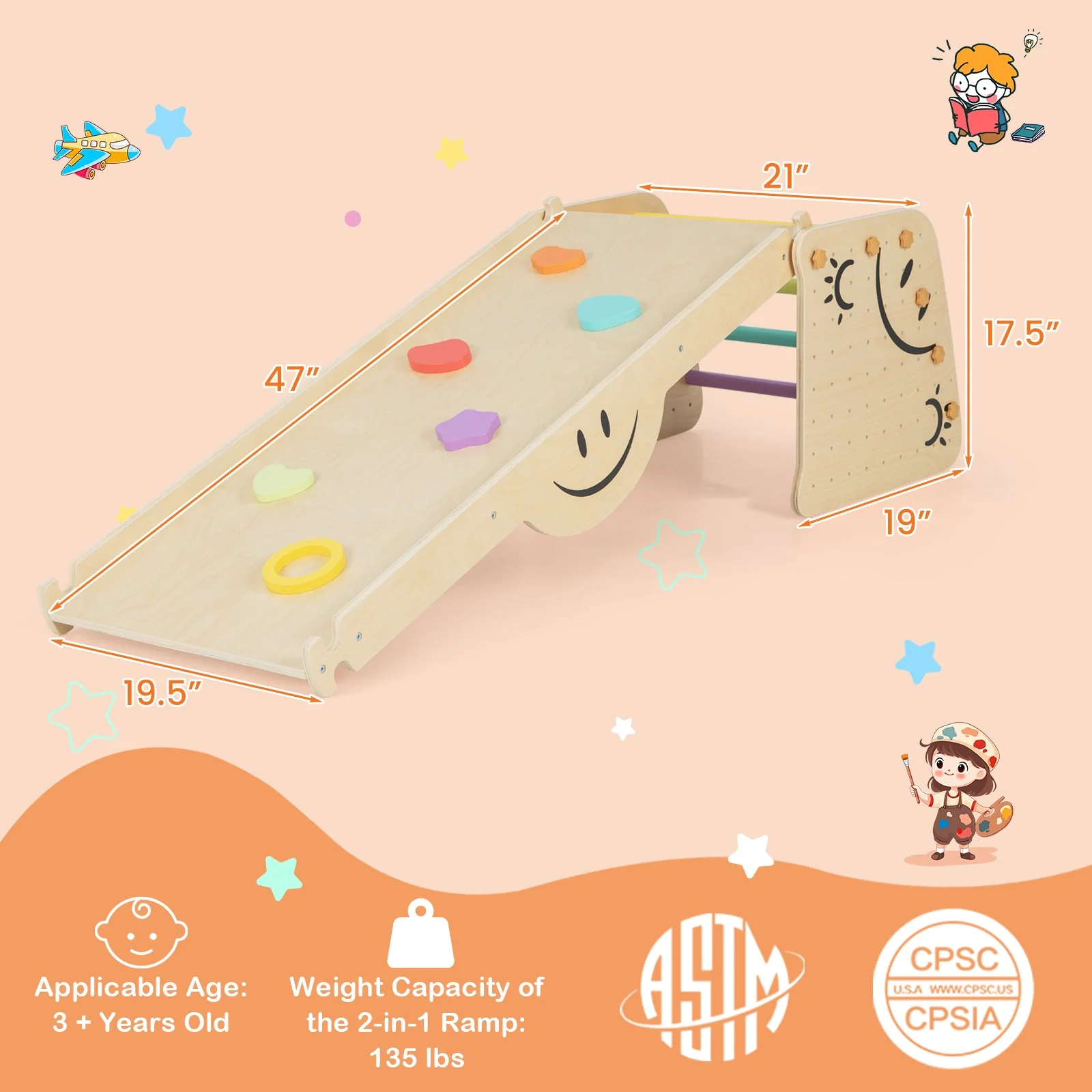 Wooden Climbing Toy Triangle Climber Set with Seesaw-Multicolor - Image 4