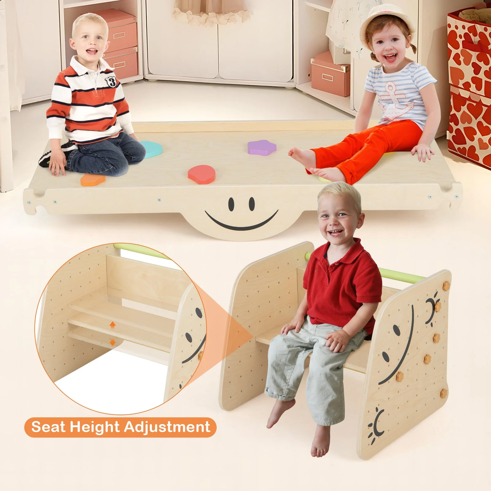 Wooden Climbing Toy Triangle Climber Set with Seesaw-Multicolor - Image 5