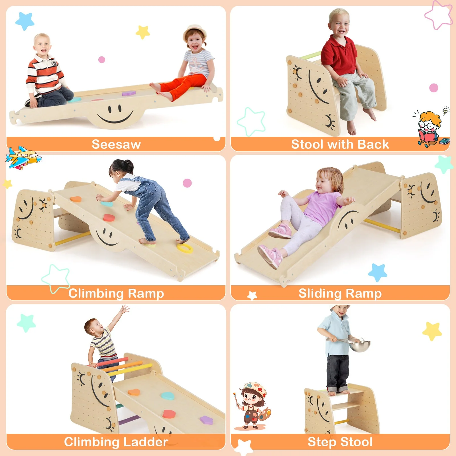 Wooden Climbing Toy Triangle Climber Set with Seesaw-Multicolor - Image 6