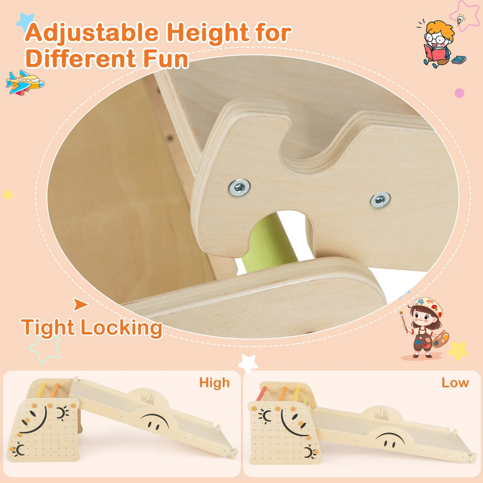 Wooden Climbing Toy Triangle Climber Set with Seesaw-Multicolor - Image 7