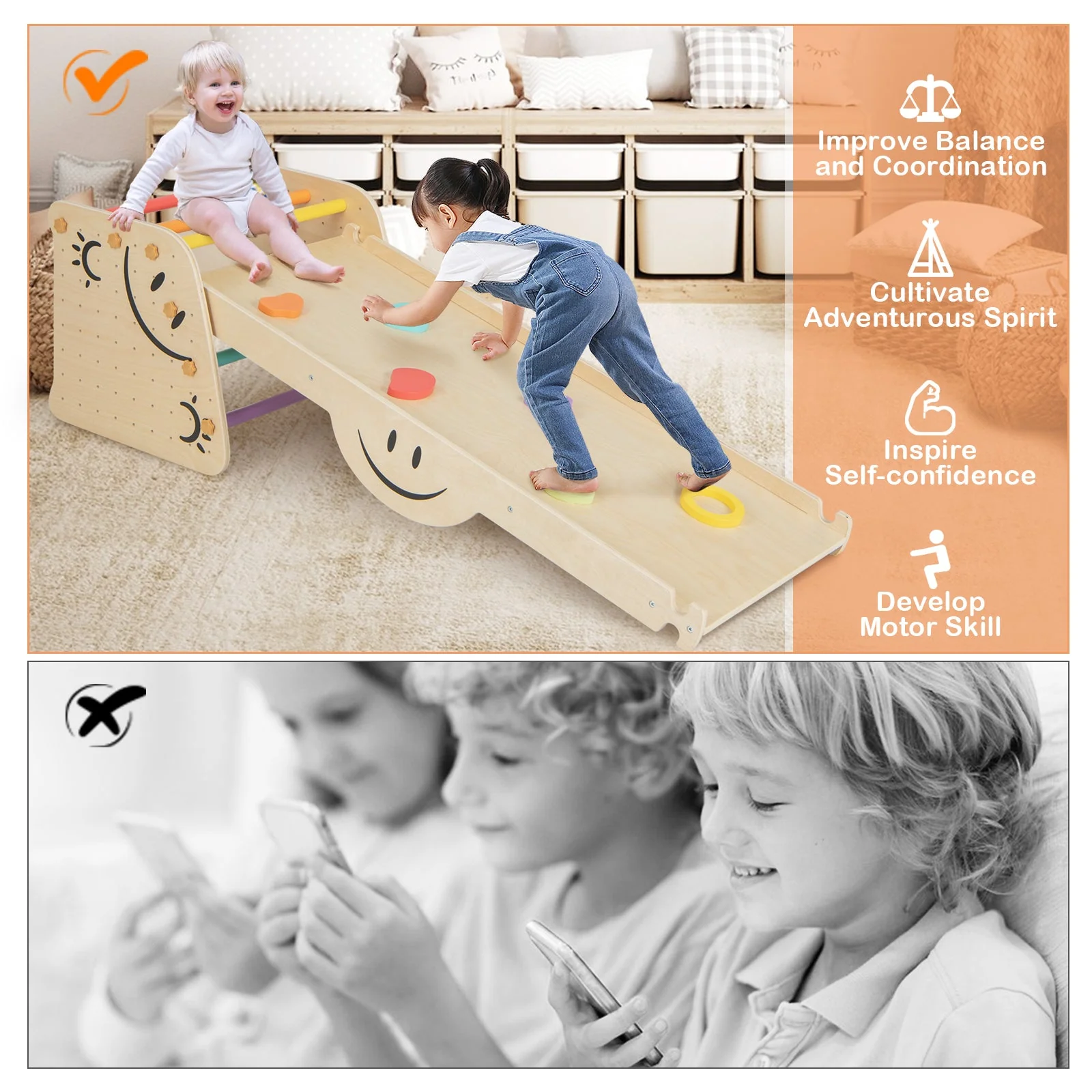 Wooden Climbing Toy Triangle Climber Set with Seesaw-Multicolor - Image 8