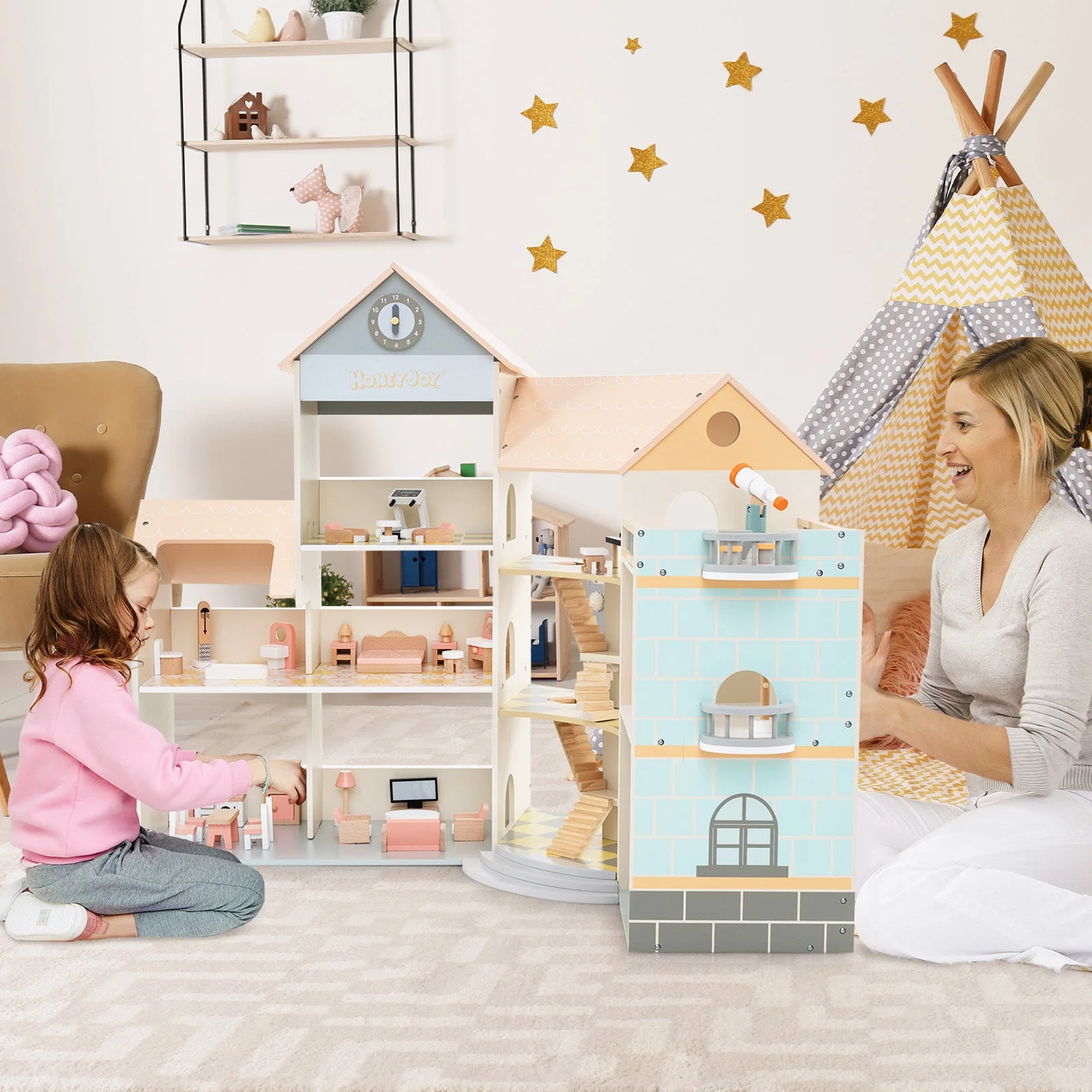 Wooden Corner Dollhouse Playset with 41 Pieces of Accessories for Kids 3+ Years Old-Orange - Image 2