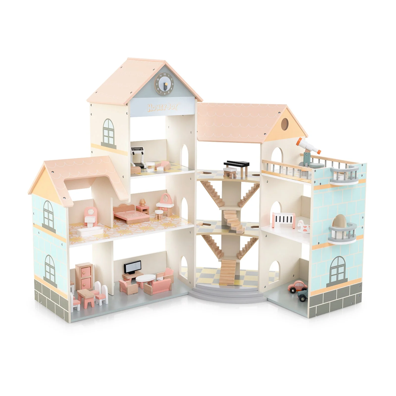 Wooden Corner Dollhouse Playset with 41 Pieces of Accessories for Kids 3+ Years Old-Orange - Image 3