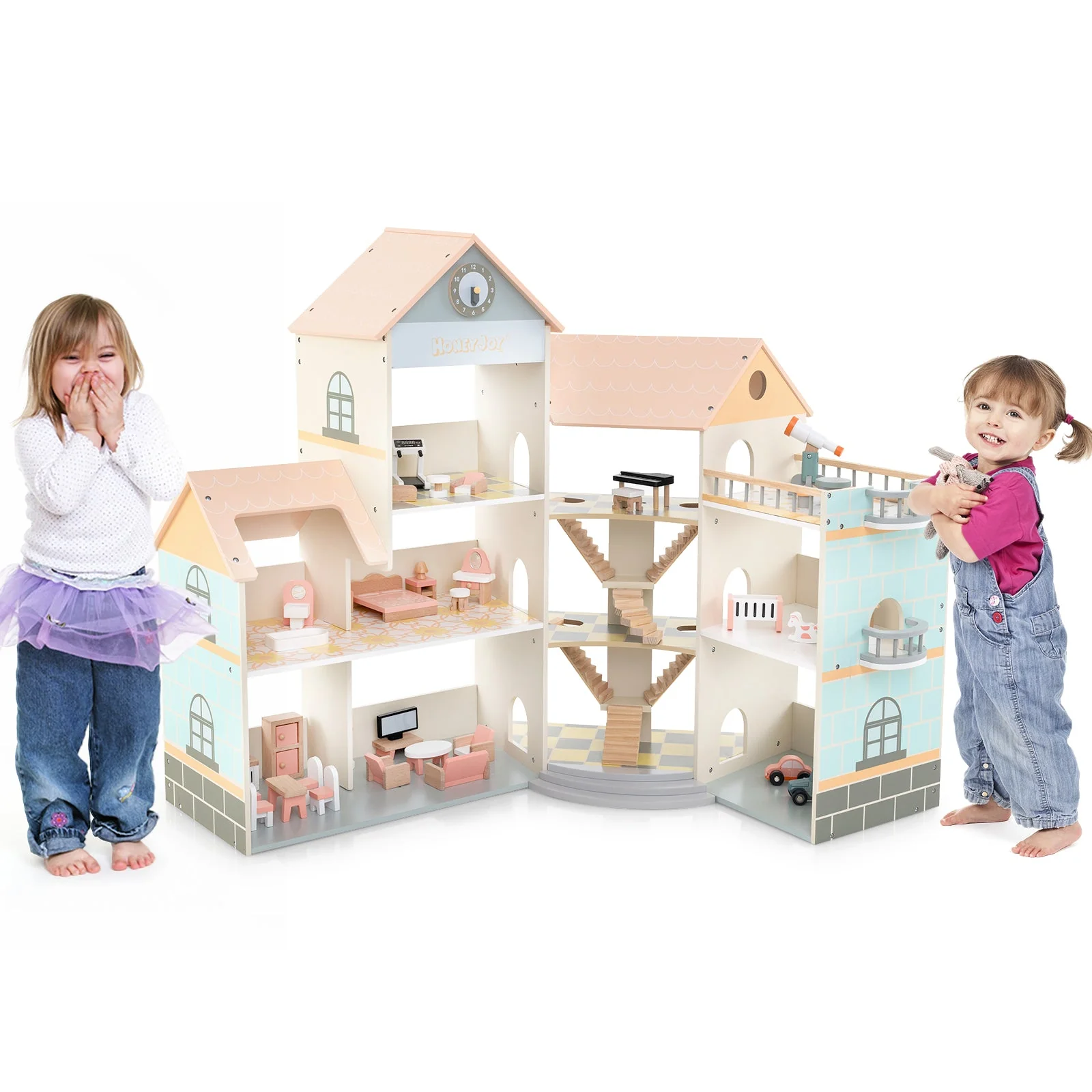 Wooden Corner Dollhouse Playset with 41 Pieces of Accessories for Kids 3+ Years Old-Orange - Image 4