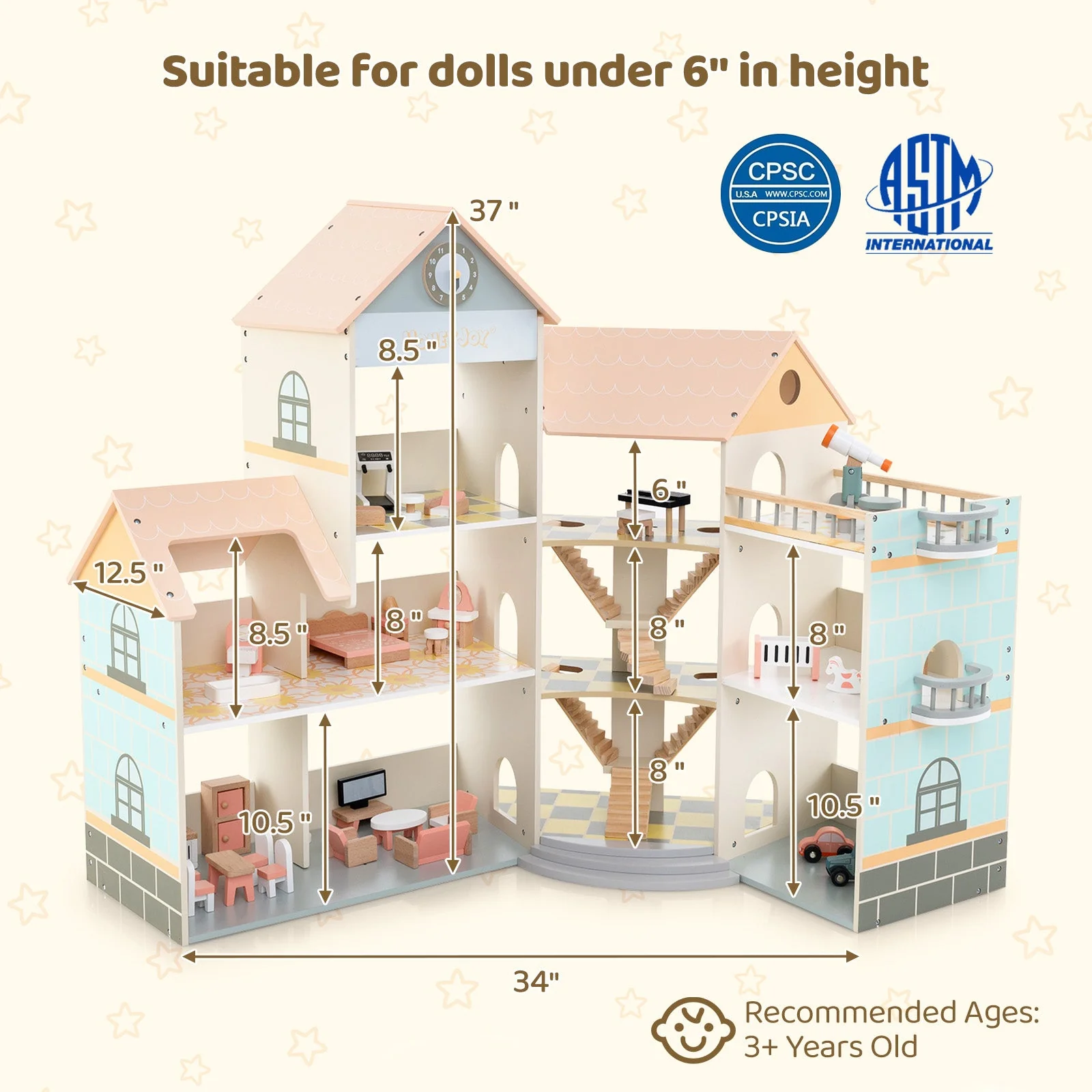 Wooden Corner Dollhouse Playset with 41 Pieces of Accessories for Kids 3+ Years Old-Orange - Image 5