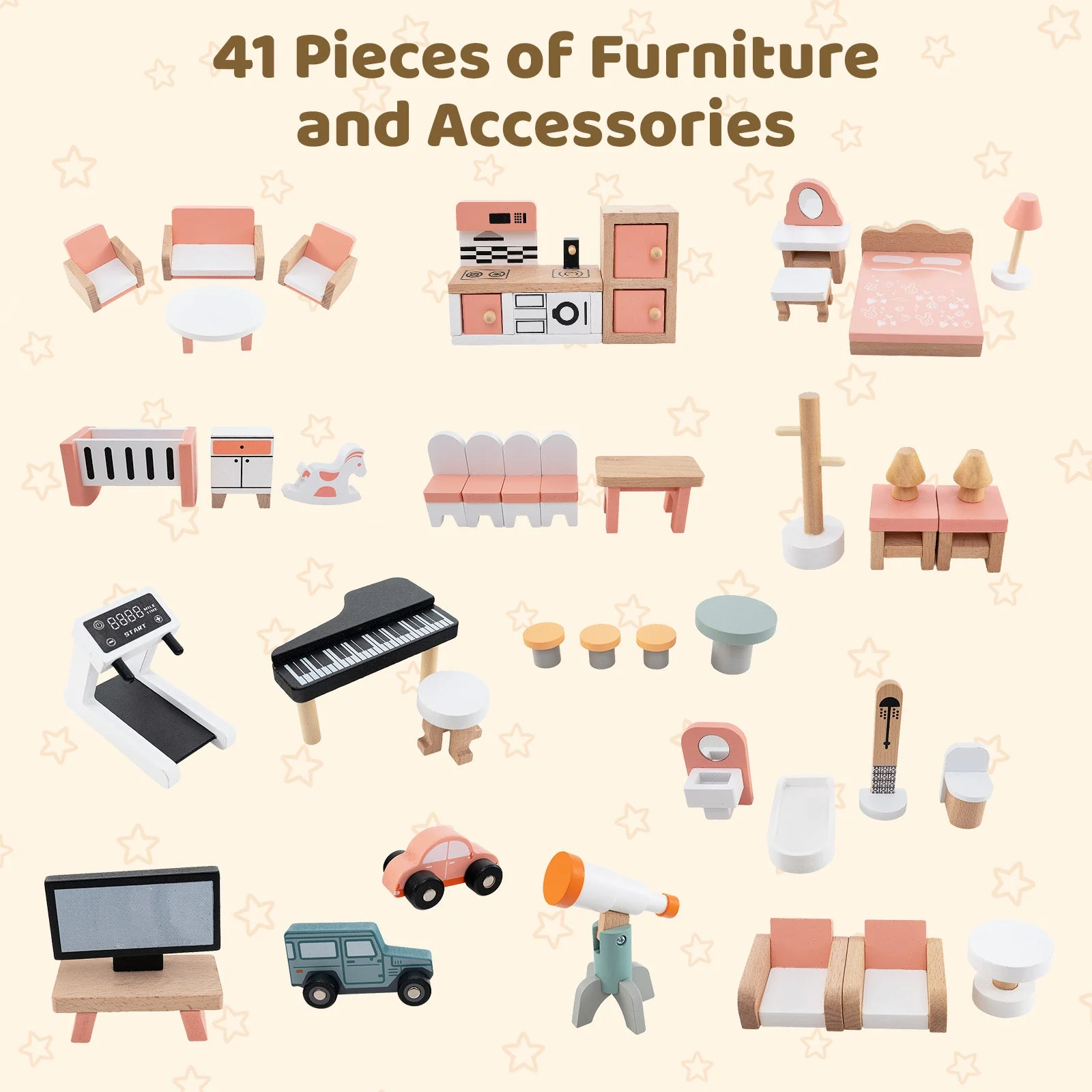 Wooden Corner Dollhouse Playset with 41 Pieces of Accessories for Kids 3+ Years Old-Orange - Image 6