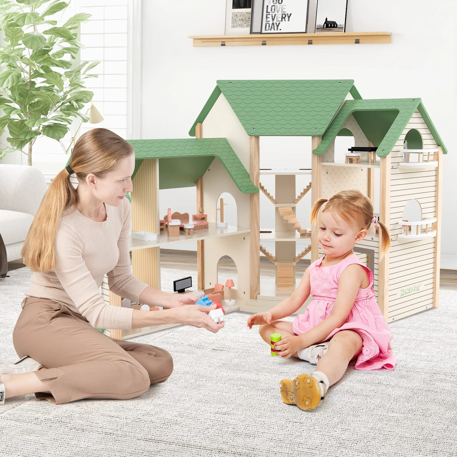 Wooden Corner Dollhouse Playset with 6 Rooms and 36 Pieces for Kids 3+ Years Old-Green - Image 2