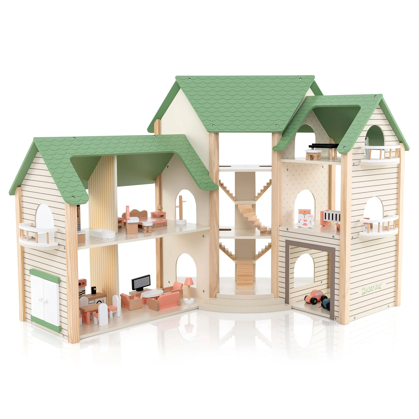 Wooden Corner Dollhouse Playset with 6 Rooms and 36 Pieces for Kids 3+ Years Old-Green - Image 3