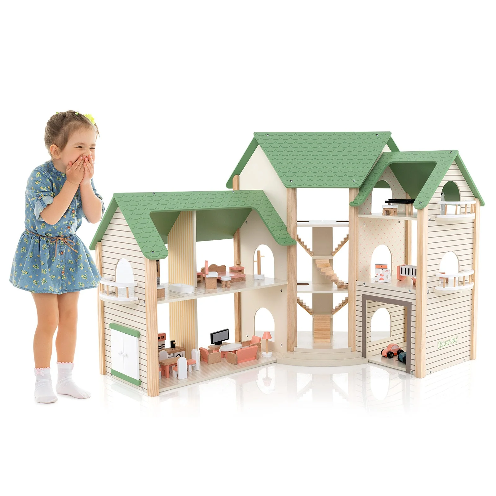 Wooden Corner Dollhouse Playset with 6 Rooms and 36 Pieces for Kids 3+ Years Old-Green - Image 4