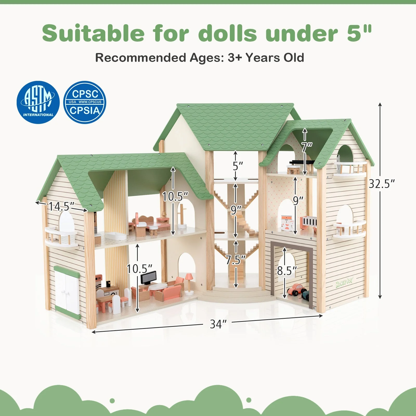 Wooden Corner Dollhouse Playset with 6 Rooms and 36 Pieces for Kids 3+ Years Old-Green - Image 5