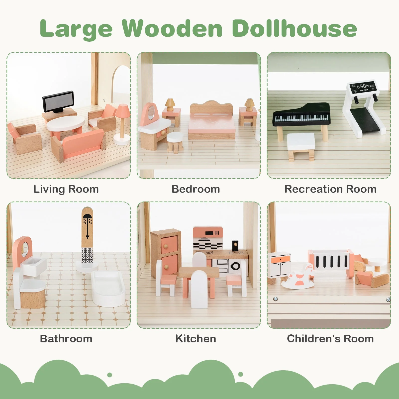 Wooden Corner Dollhouse Playset with 6 Rooms and 36 Pieces for Kids 3+ Years Old-Green - Image 6