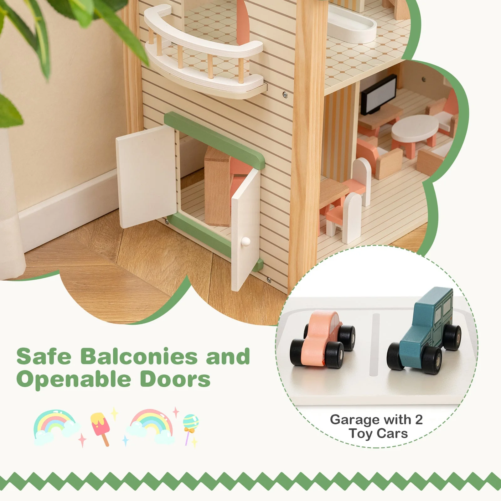 Wooden Corner Dollhouse Playset with 6 Rooms and 36 Pieces for Kids 3+ Years Old-Green - Image 7