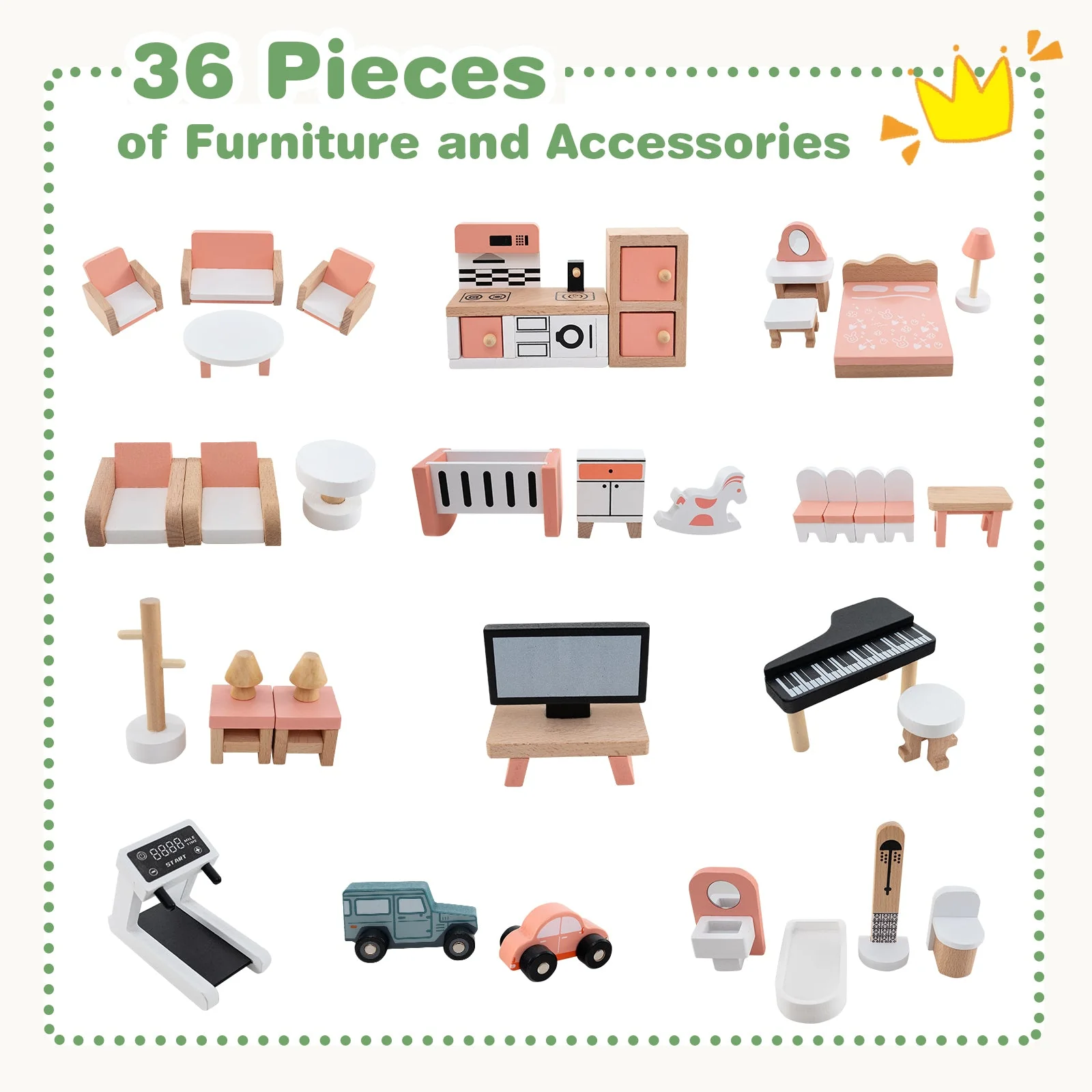 Wooden Corner Dollhouse Playset with 6 Rooms and 36 Pieces for Kids 3+ Years Old-Green - Image 8