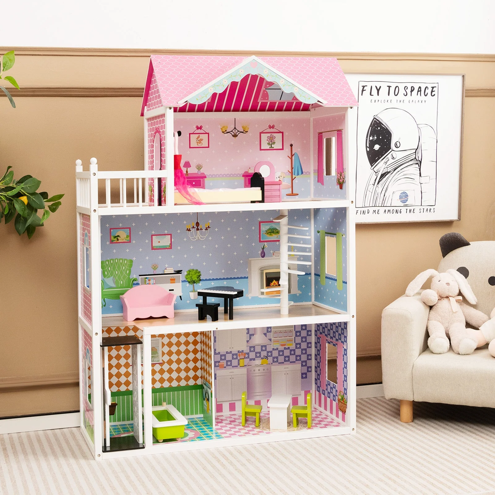 Wooden Dollhouse with Working Elevator and Rotatable Staircase-Pink - Image 2
