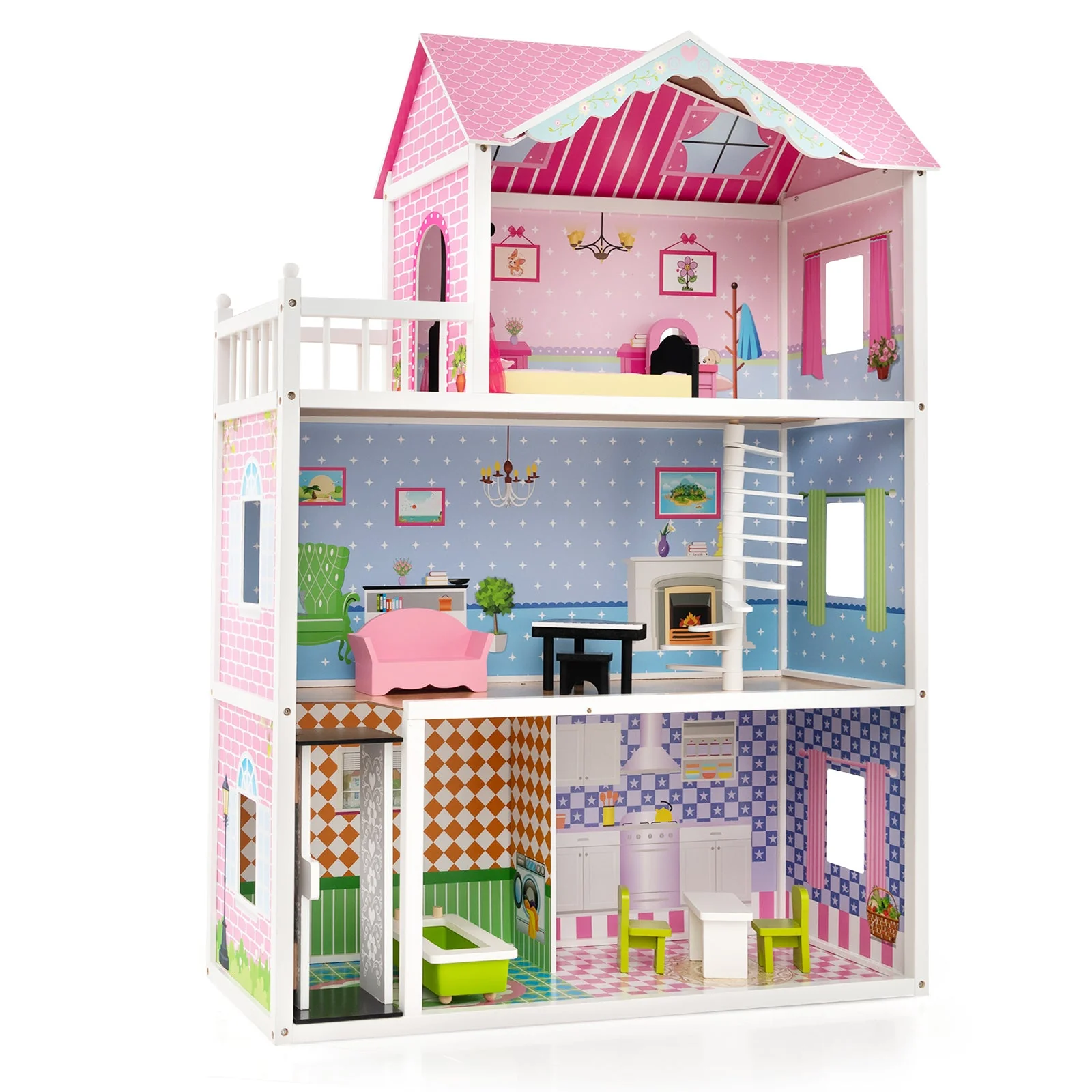 Wooden Dollhouse with Working Elevator and Rotatable Staircase-Pink - Image 3