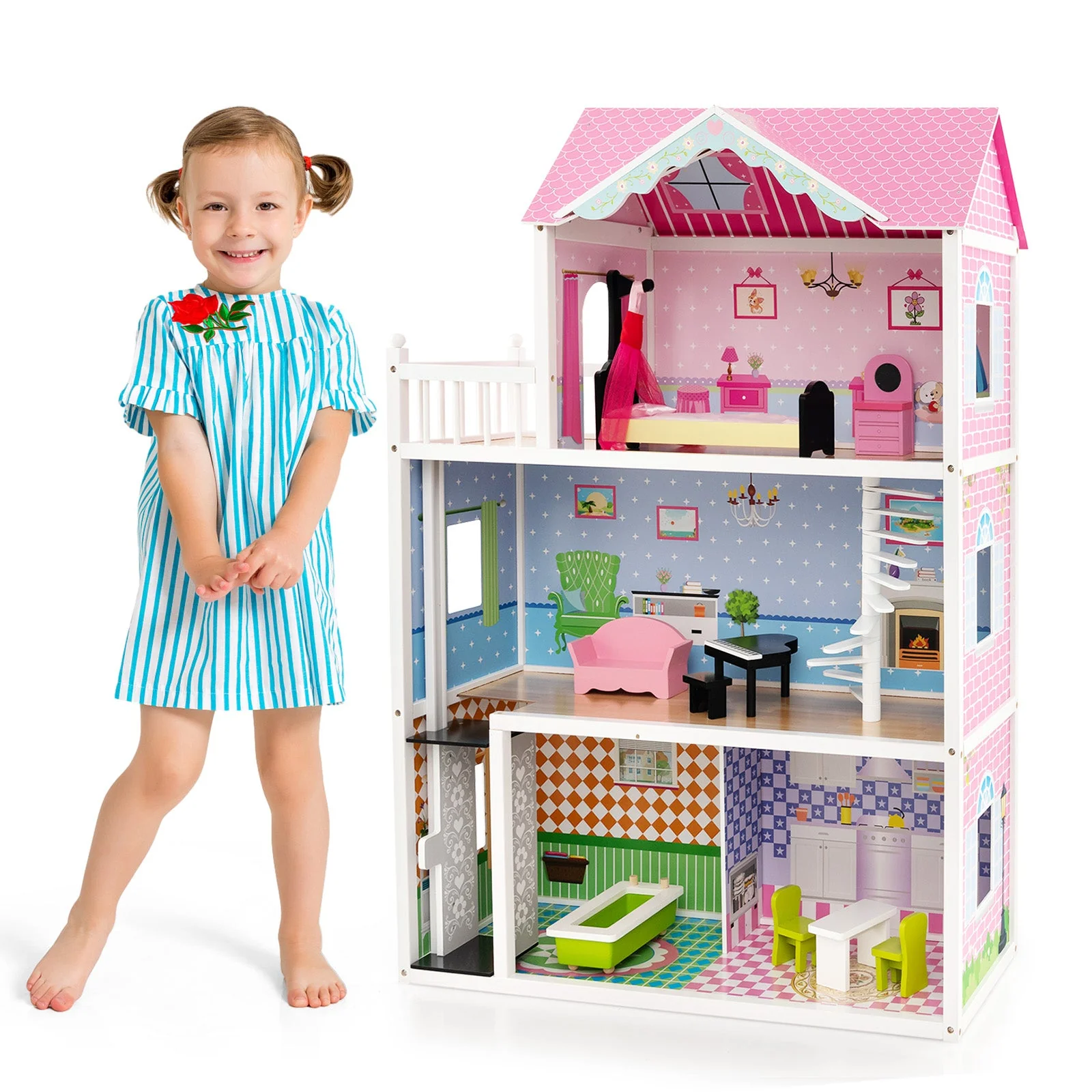 Wooden Dollhouse with Working Elevator and Rotatable Staircase-Pink - Image 4