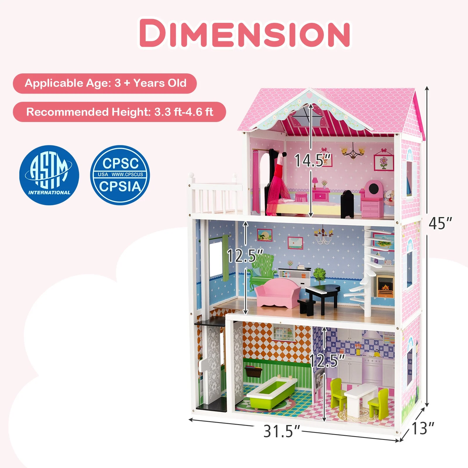 Wooden Dollhouse with Working Elevator and Rotatable Staircase-Pink - Image 5