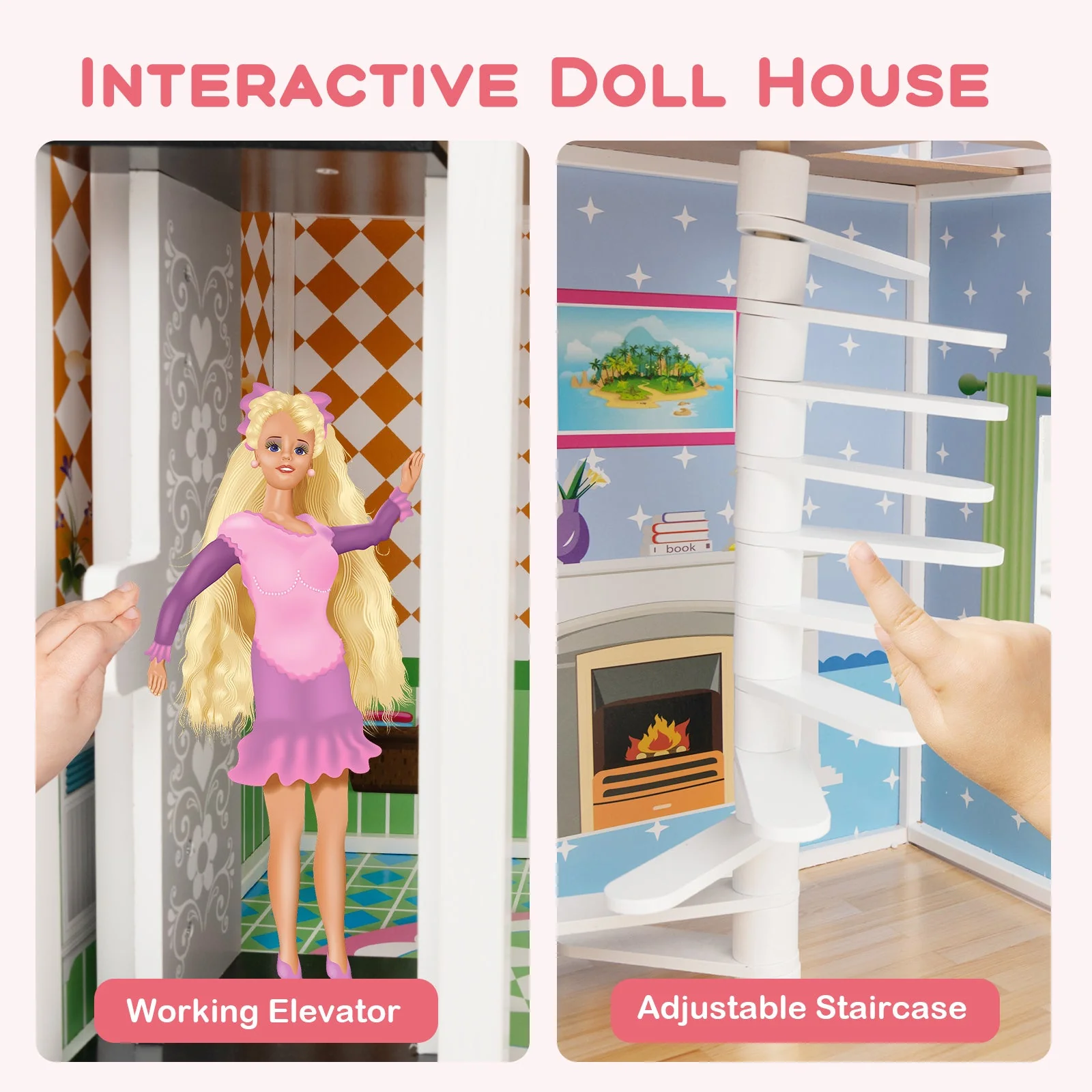 Wooden Dollhouse with Working Elevator and Rotatable Staircase-Pink - Image 6