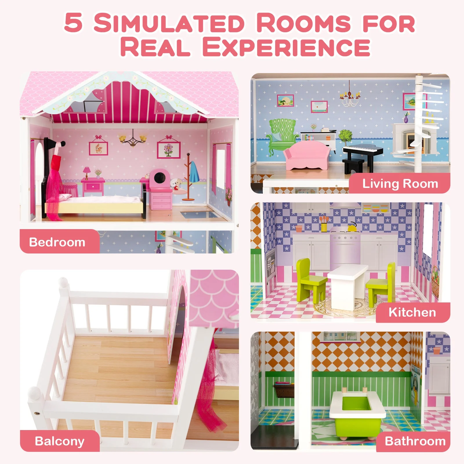 Wooden Dollhouse with Working Elevator and Rotatable Staircase-Pink - Image 7