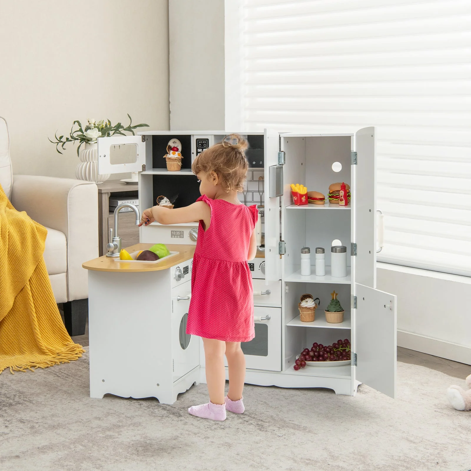 Wooden Kid's Corner Kitchen Playset with Stove for Toddlers-Natural & White - Image 2