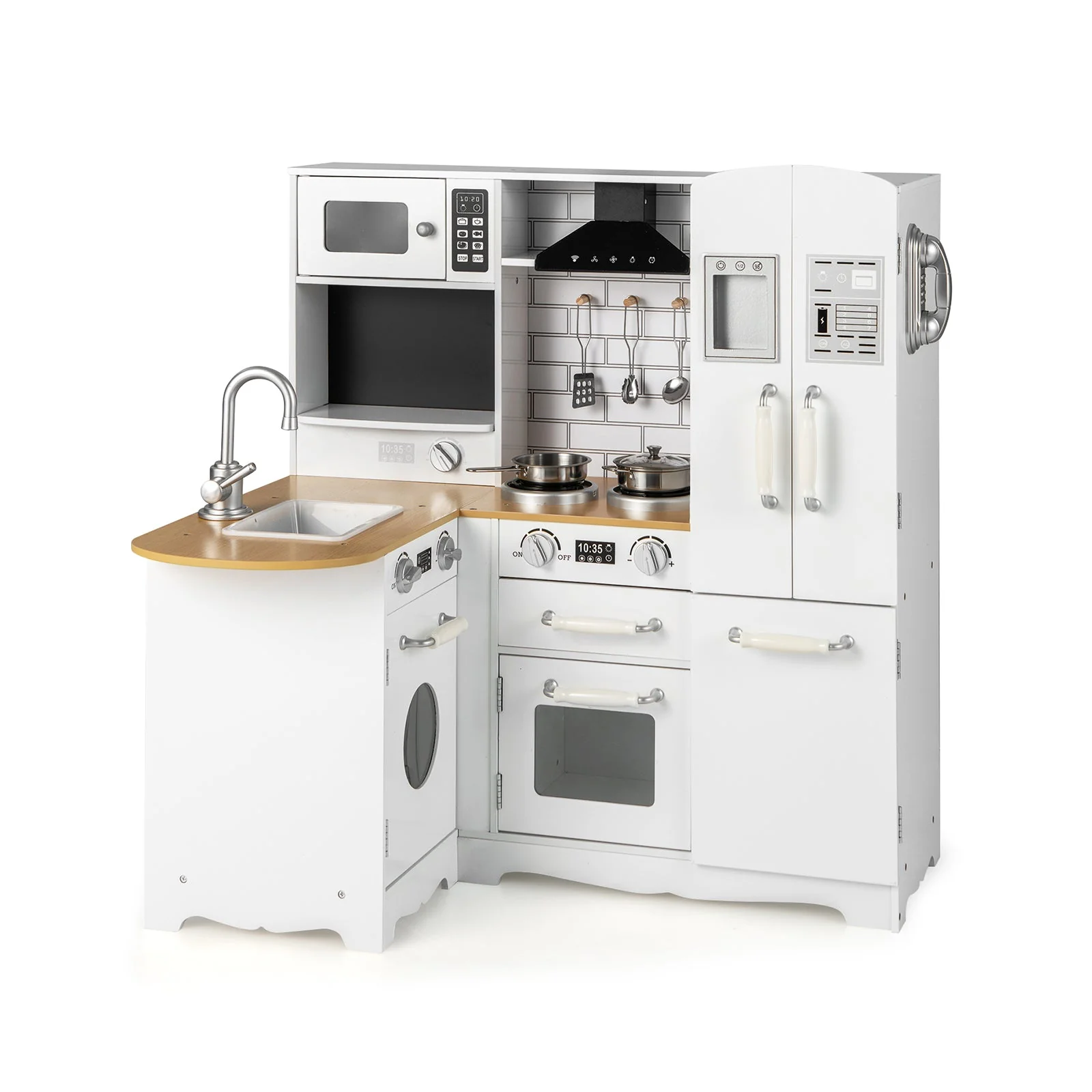 Wooden Kid's Corner Kitchen Playset with Stove for Toddlers-Natural & White - Image 3
