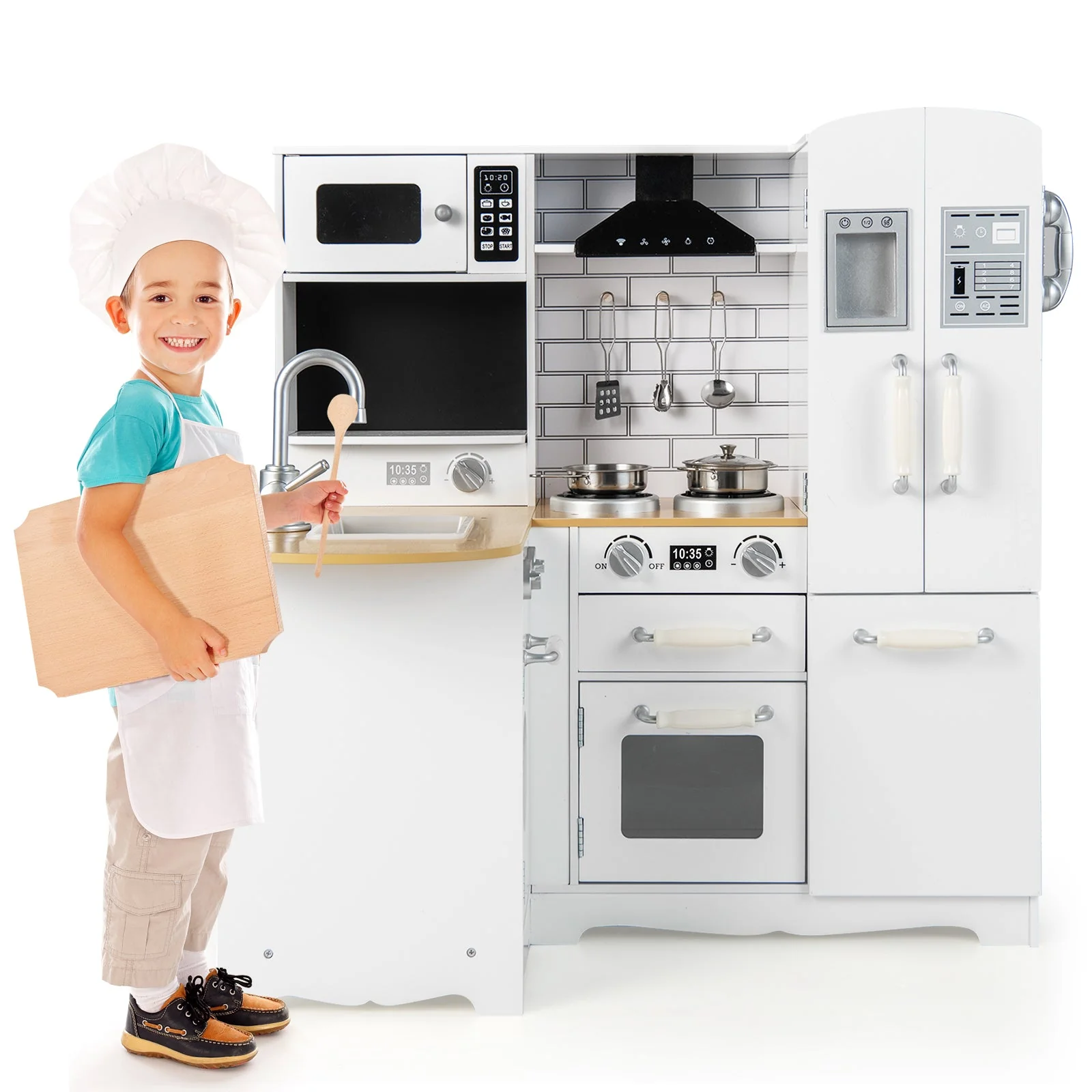 Wooden Kid's Corner Kitchen Playset with Stove for Toddlers-Natural & White - Image 4