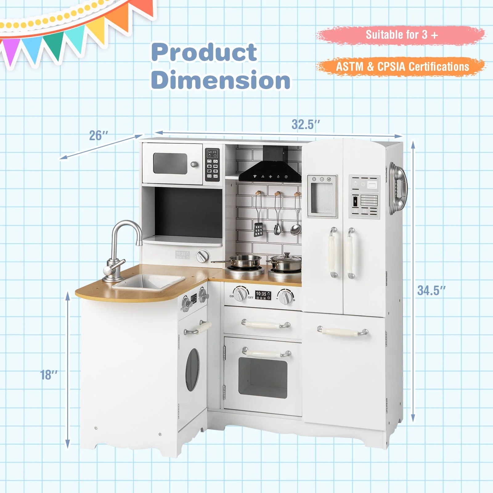 Wooden Kid's Corner Kitchen Playset with Stove for Toddlers-Natural & White - Image 5