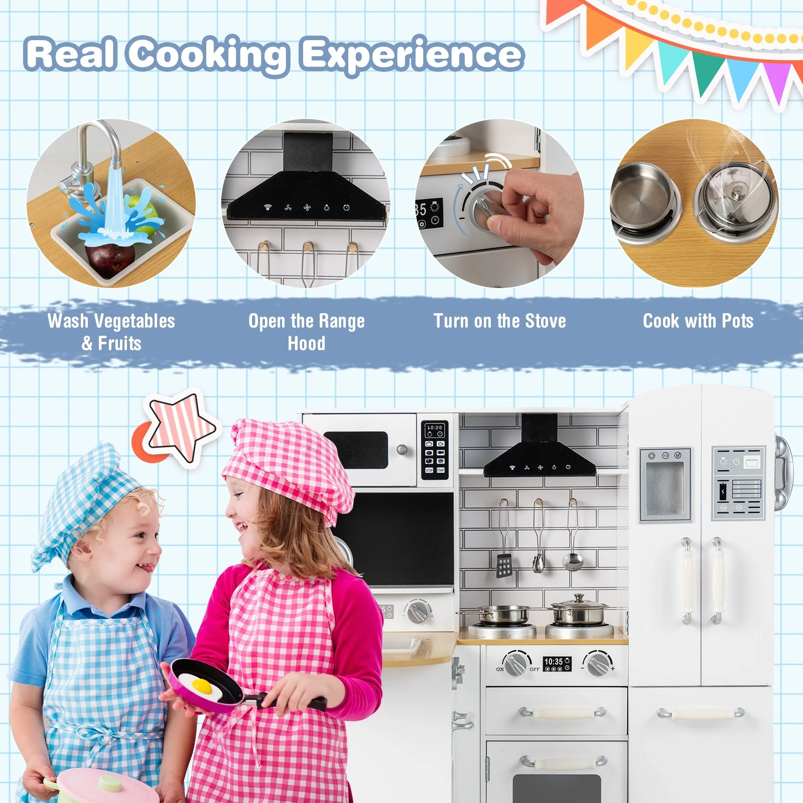 Wooden Kid's Corner Kitchen Playset with Stove for Toddlers-Natural & White - Image 6