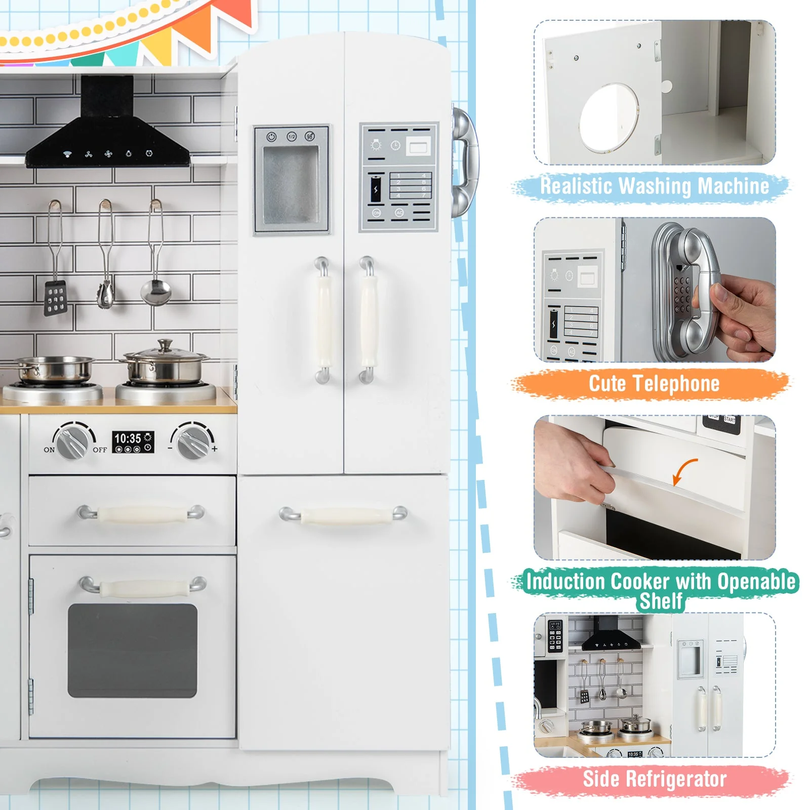 Wooden Kid's Corner Kitchen Playset with Stove for Toddlers-Natural & White - Image 7
