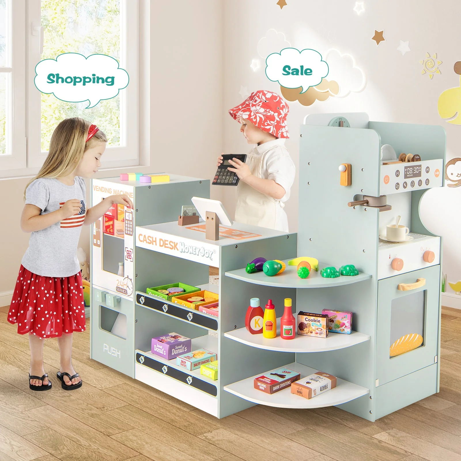 Wooden Kids Grocery Store Playset Pretend Play Supermarket-Green - Image 2