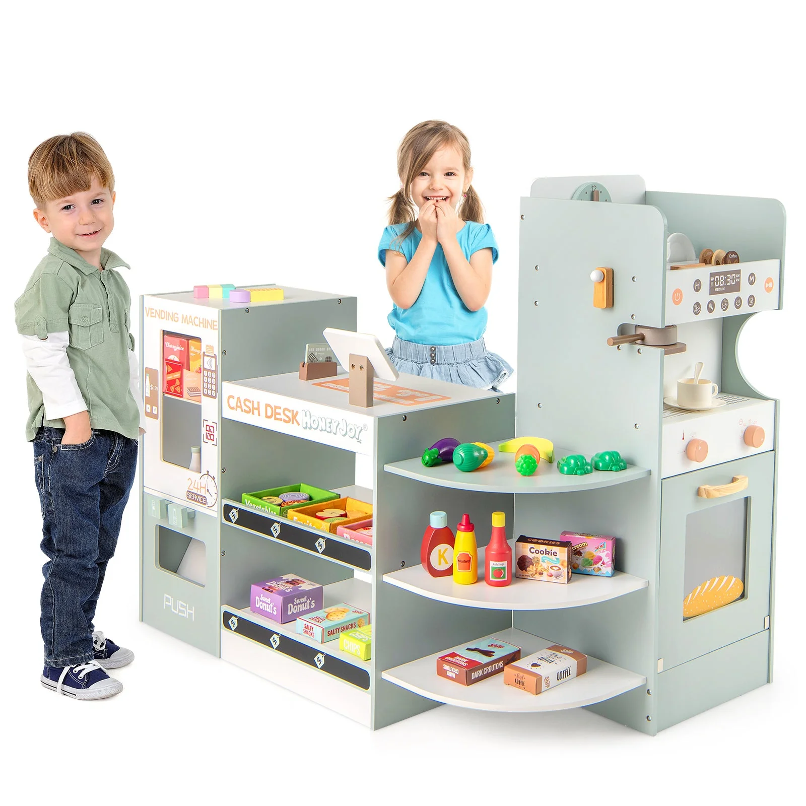Wooden Kids Grocery Store Playset Pretend Play Supermarket-Green - Image 4